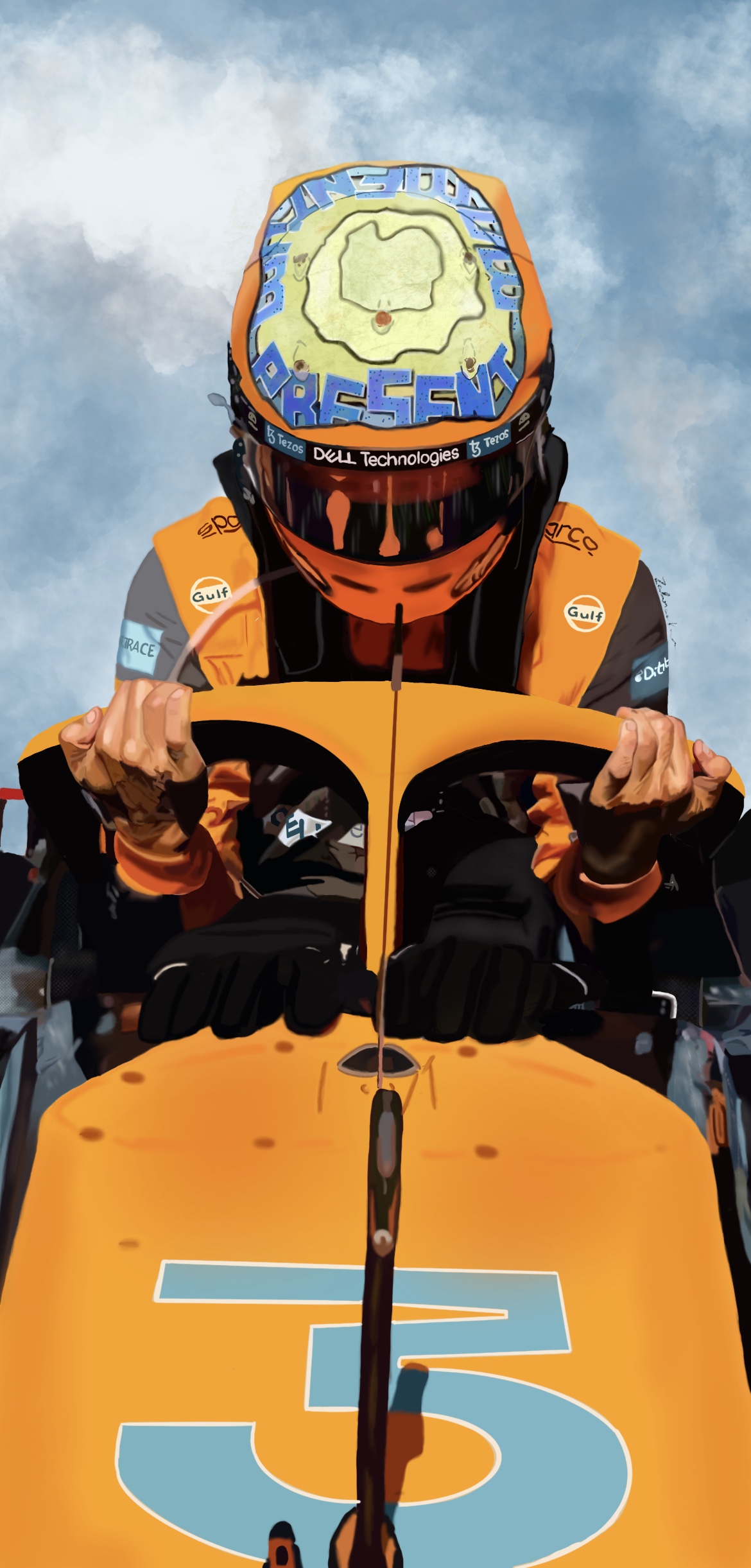 Daniel Ricciardo - F1 Portrait by Zahraa Kajee, digital illustration of racing driver in orange F1 car