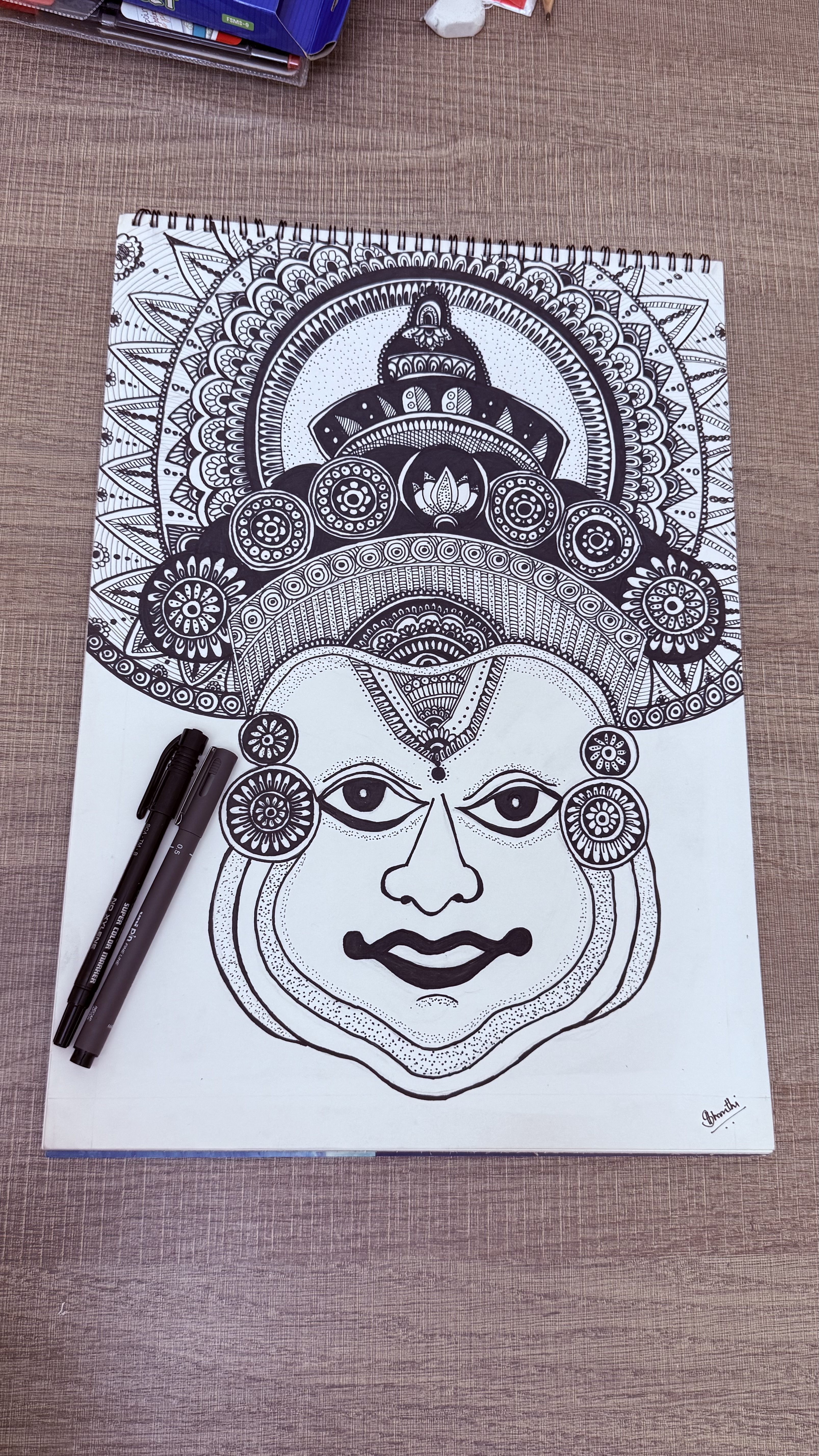 Echoes of Kathakali by Shruthi Jayalal, detailed black and white drawing of Kathakali dancer's face