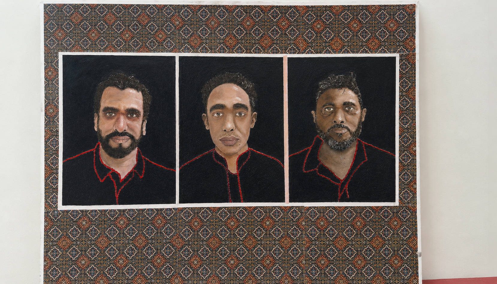 Dhaaga-e-Wirsa/Thread of Heritage by Muaz Badar, triptych of diverse portraits