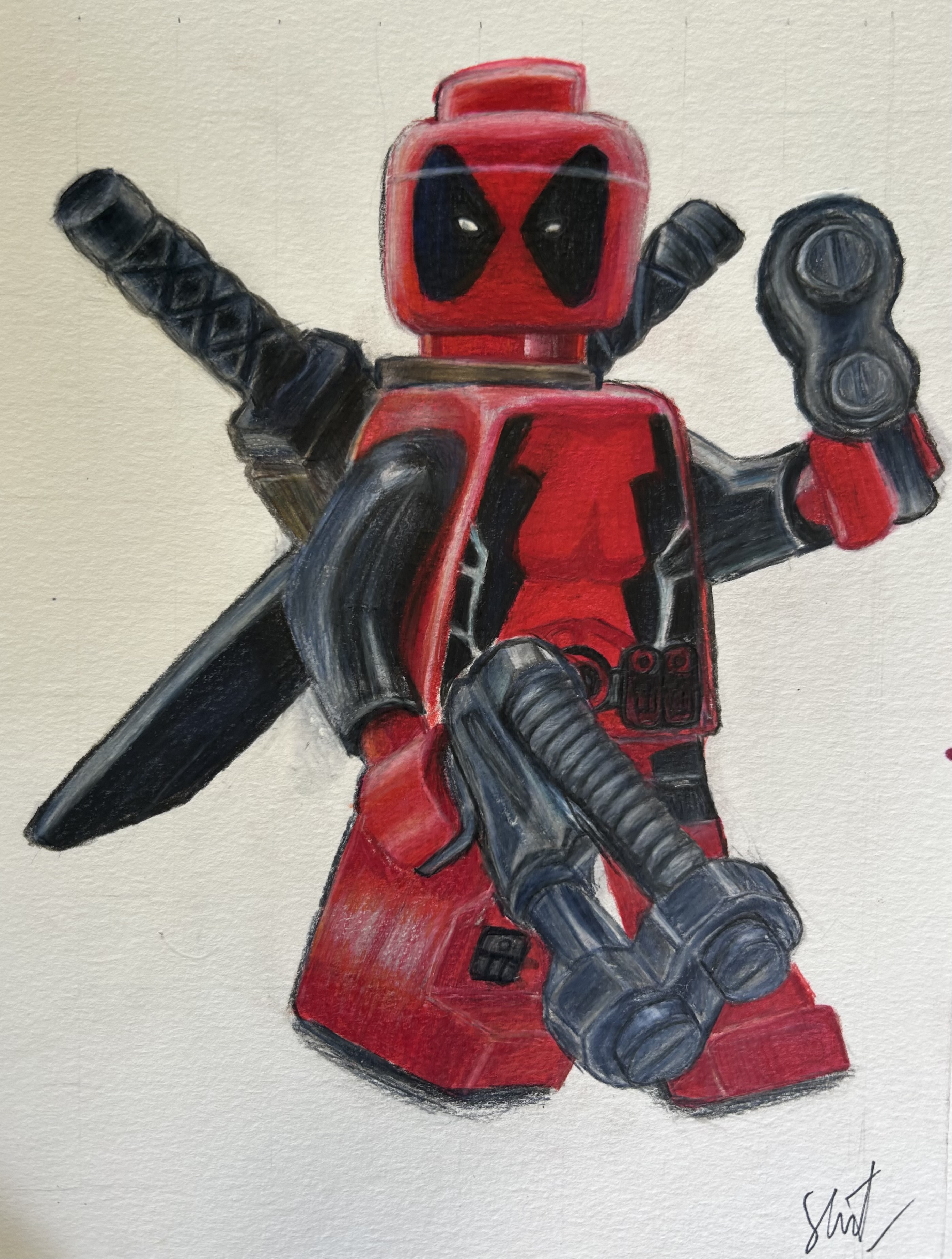Dead Pool Figurine by Sheil Raina, dynamic superhero pose with weapons