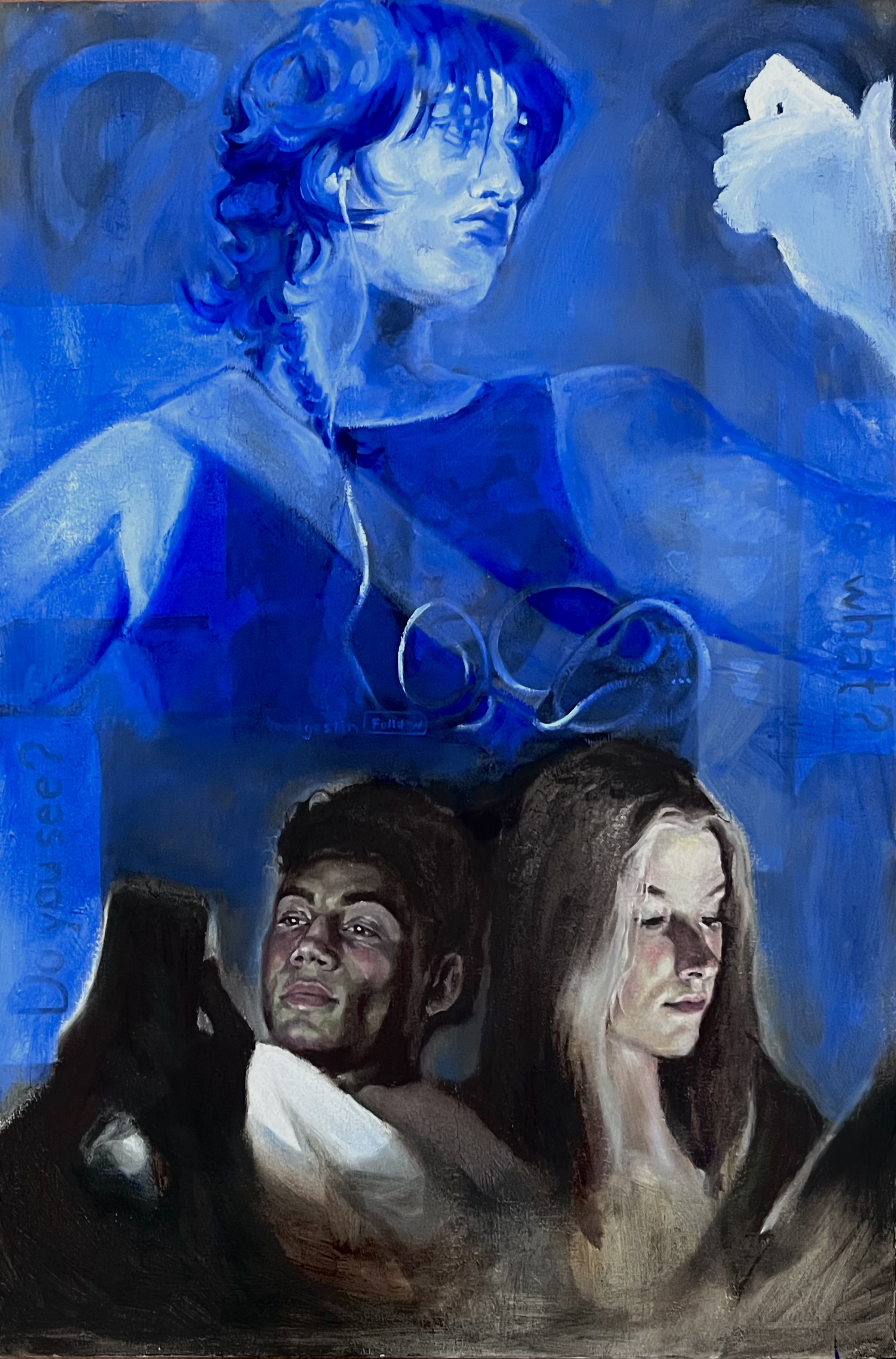 BLUE by Sol Cuneo, featuring a blue portrait with phone and earbuds, muted young man and woman