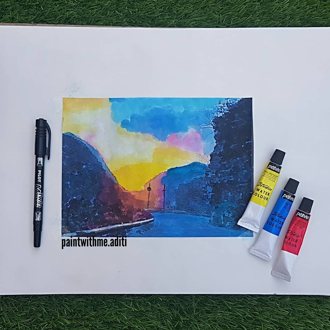 Drive Thru by Aditi Gupta, vibrant watercolor landscape with road and hills
