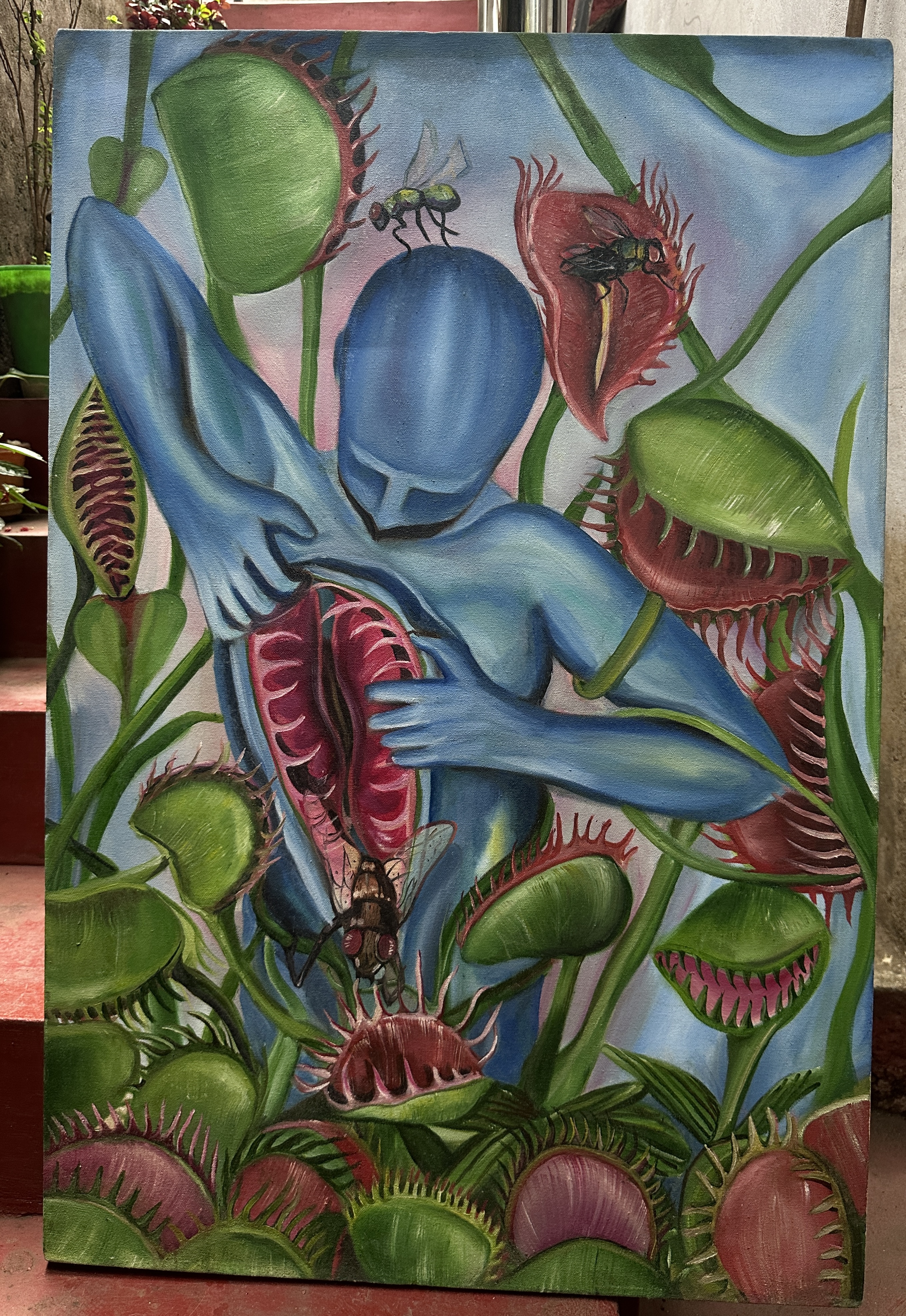 Two faces of humantiy by Ashraff mohamed Aaisha, surreal blue figure with gaping chest cavity