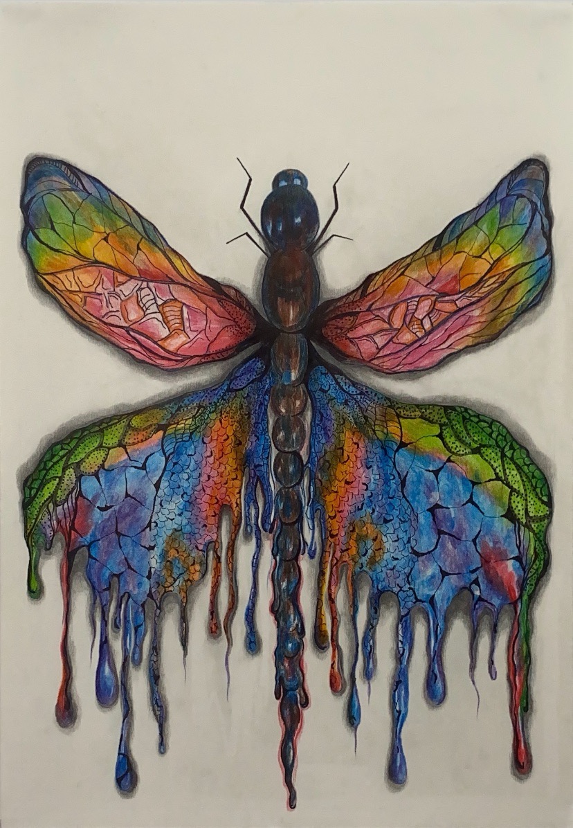 MELTING CHROMA by Sabeeha Aslam, vivid dragonfly with multicolored wings