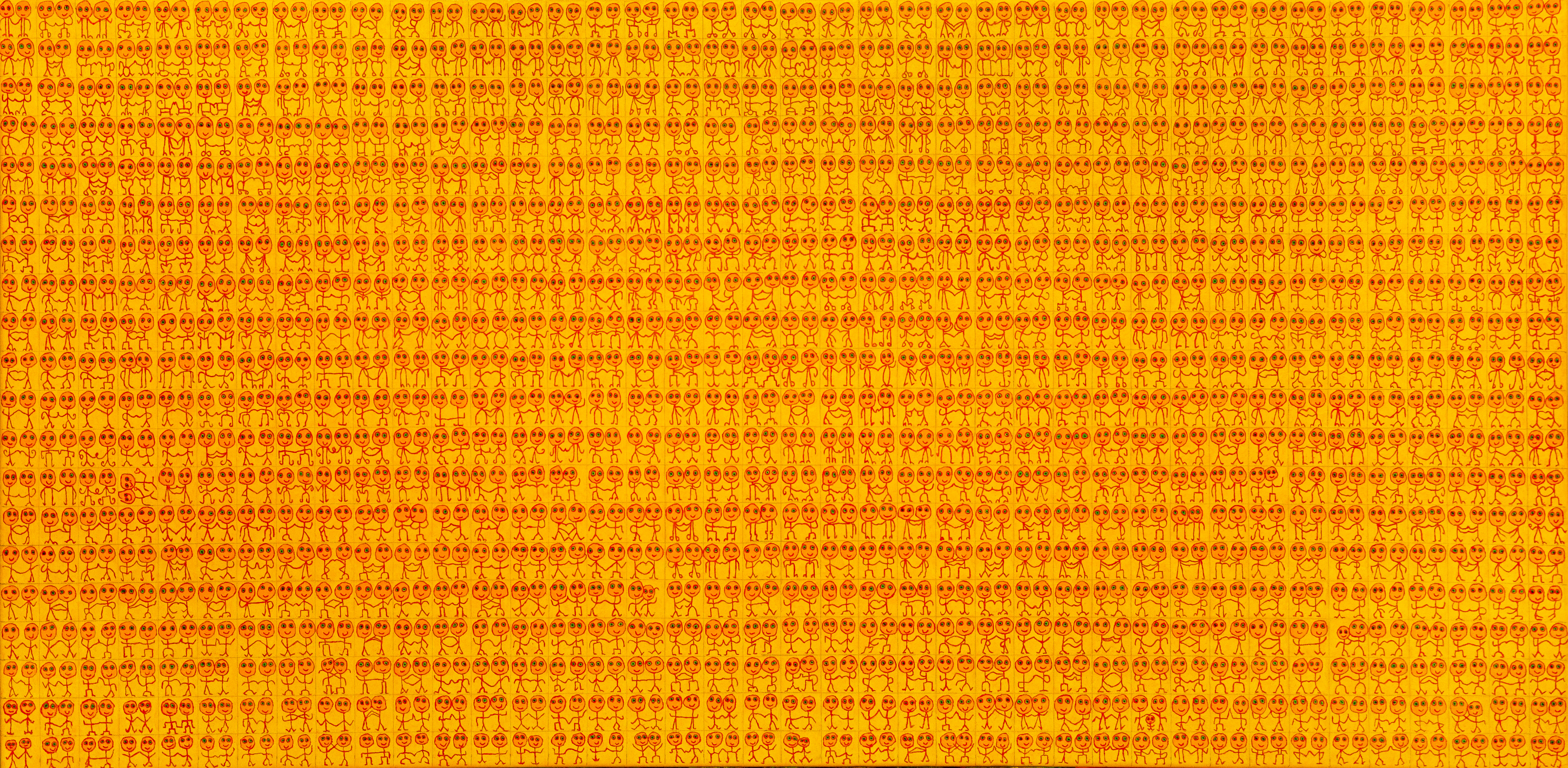 Couples by Ori Aviram - vivid yellow background with repetitive red forms
