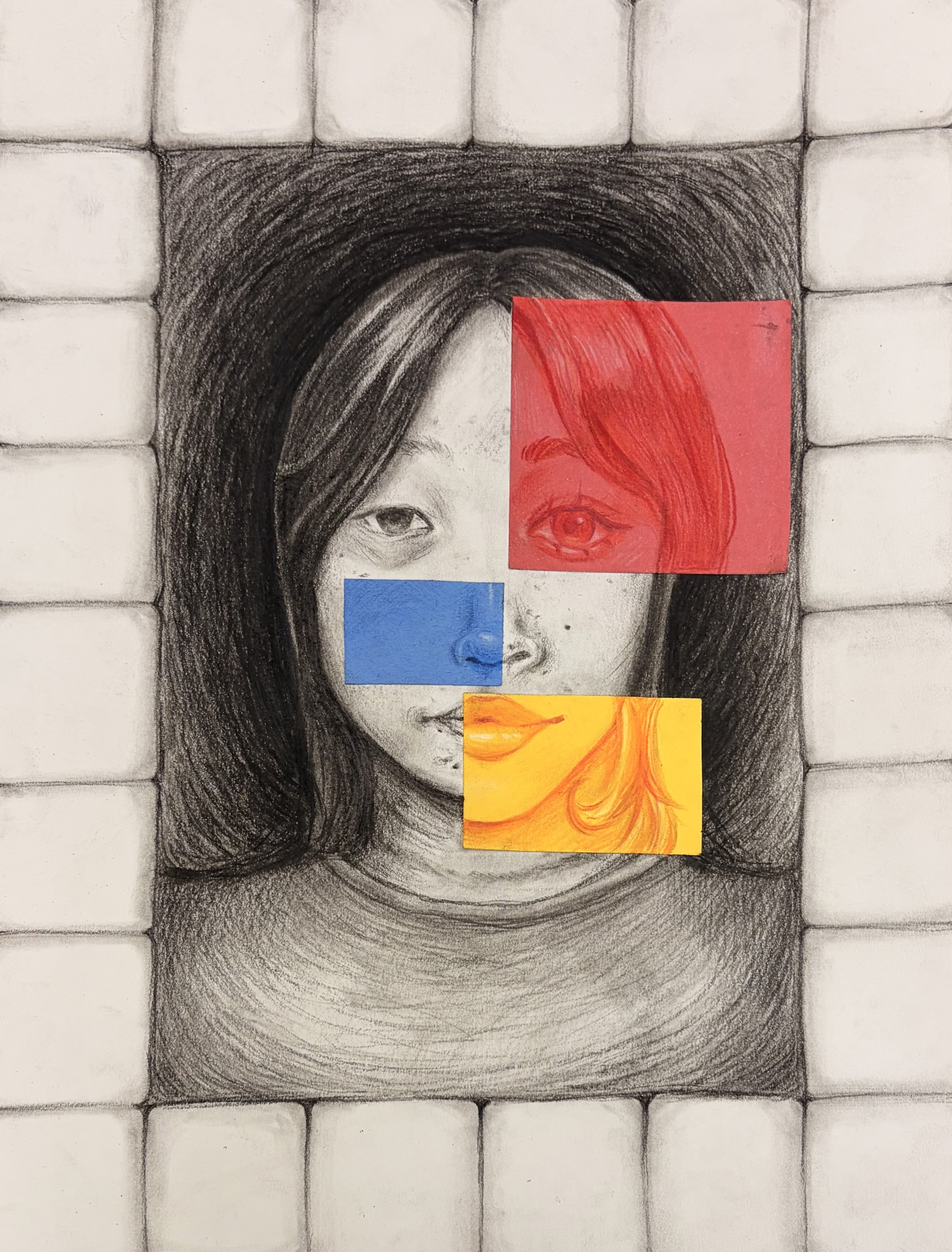 Mirror Mirror on the Wall by Katherine Ahn, graphite portrait with colorful grid