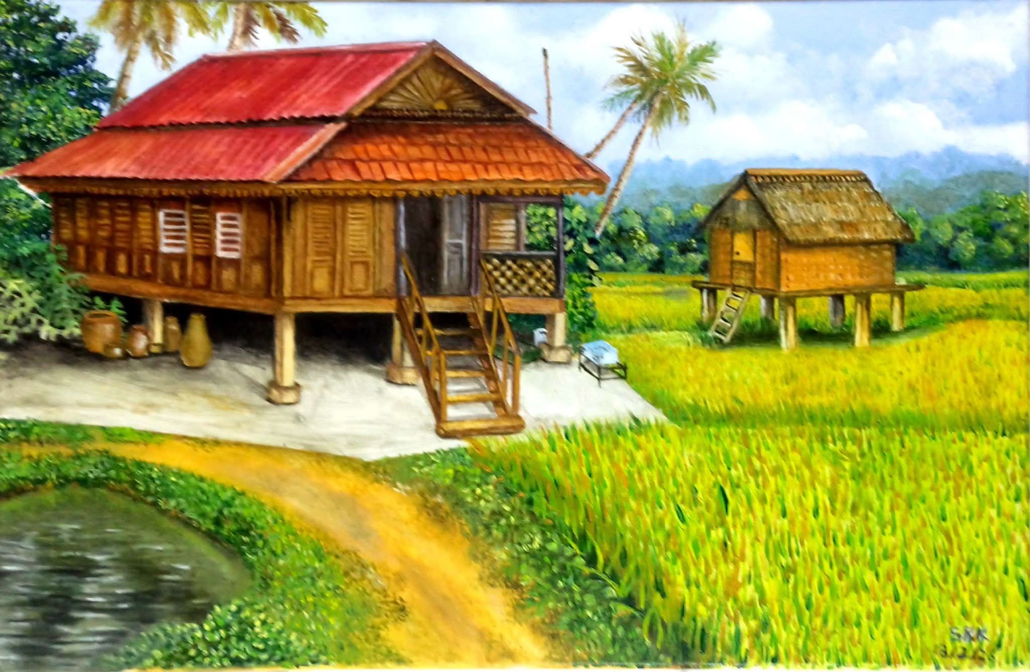 RUMAH NOSTALGIA by SURIANA KHAN - a serene rural scene with a wooden stilt house in paddy fields