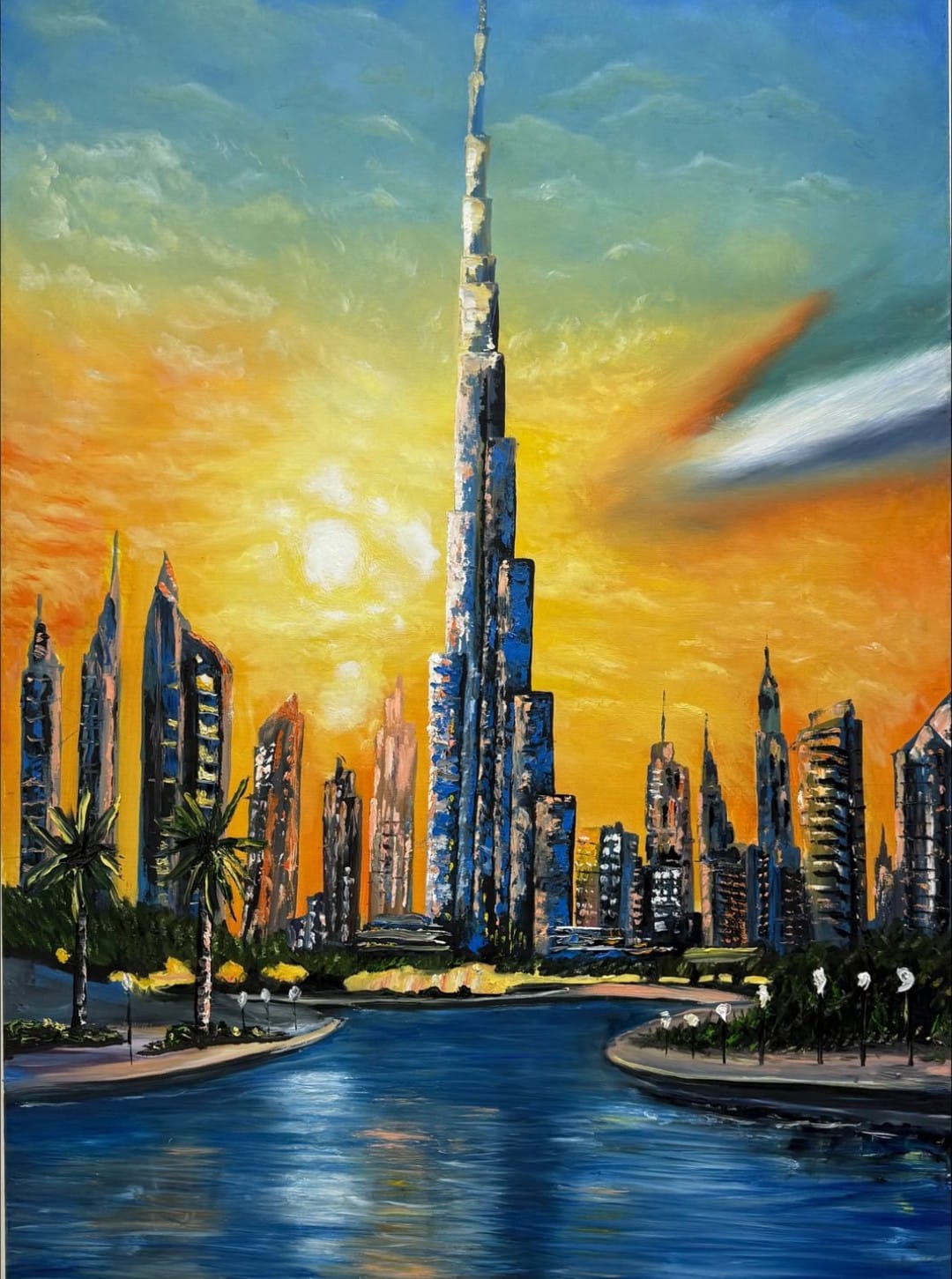 Golden Dreams of Dubai by Johnson Flomo, cityscape of Dubai with a sunset glow