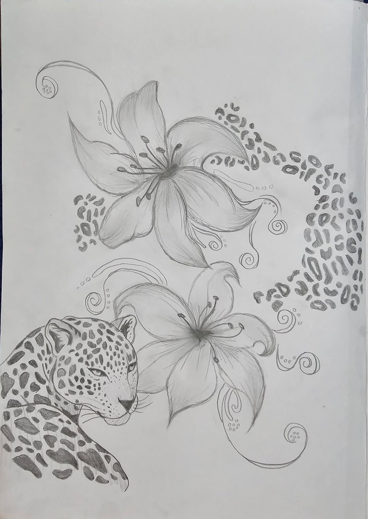Wild Beauty by Sheena Balasubramanian, pencil drawing of a leopard with lilies