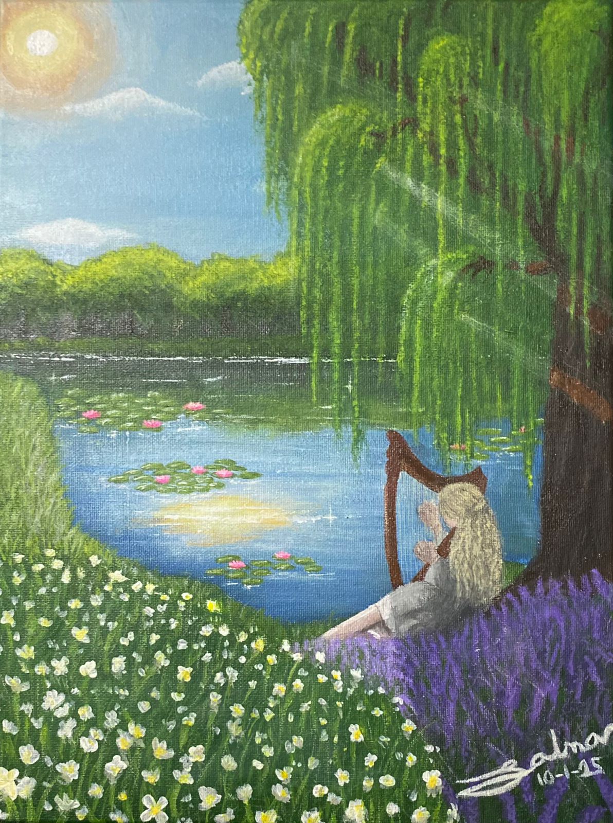 Peace by Salma Ali Elmoursy, girl playing harp under a willow tree