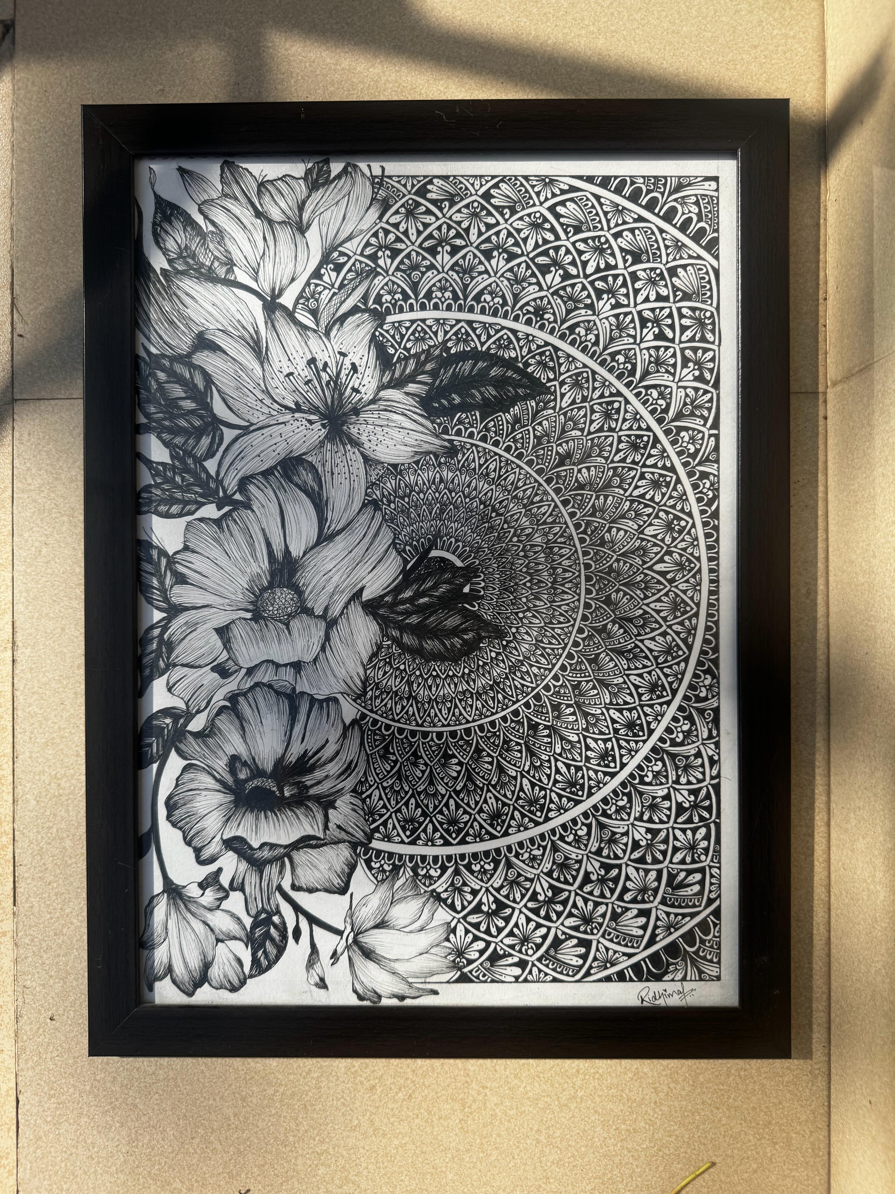 Flower Dense by Akshar Gupta - floral mandala in black and white