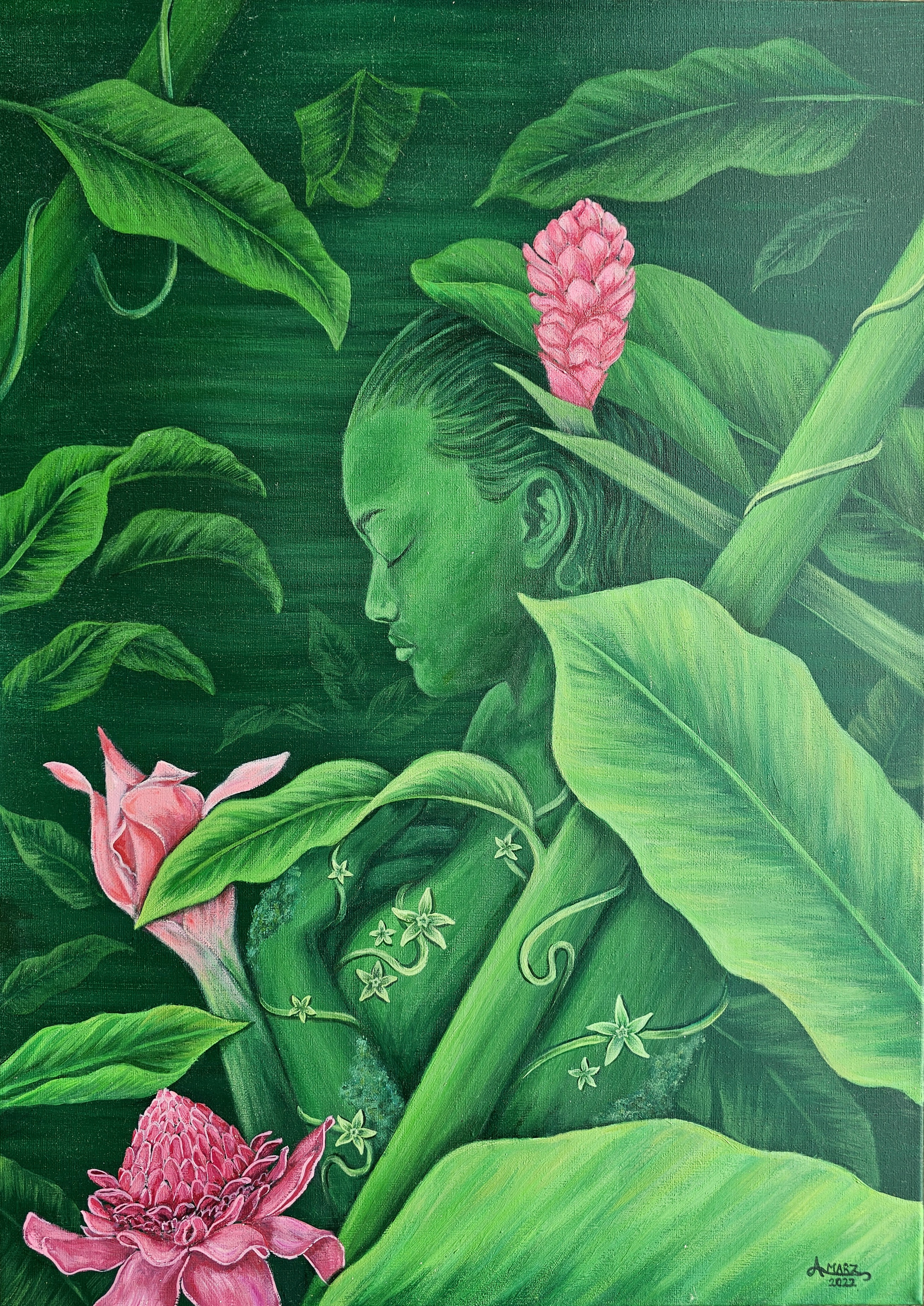 Embrace by Nature by Angela Marzocchi, a figure enveloped in green foliage with pink flowers