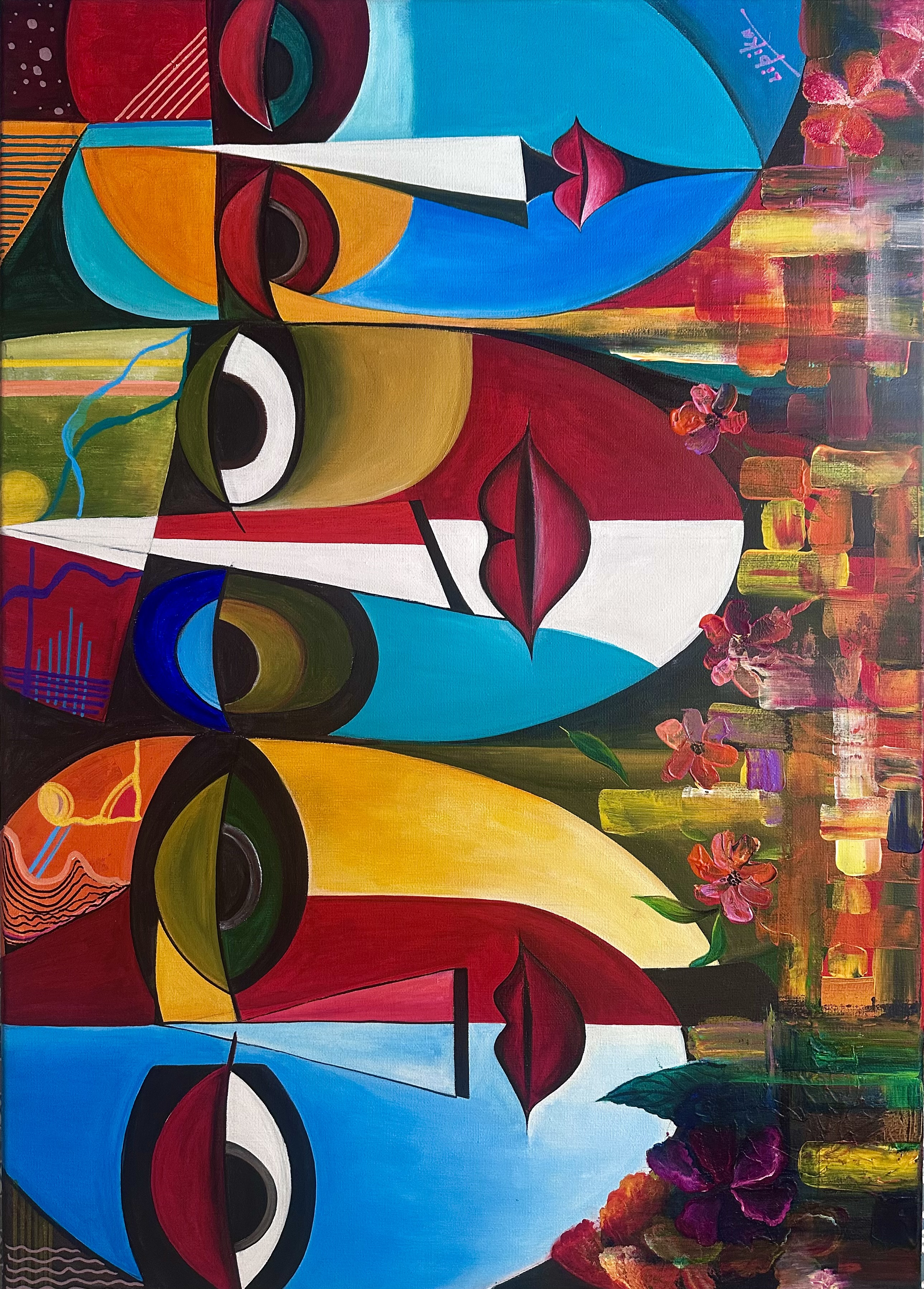 Acrylic painting by Lipika Santra with abstract, stylized faces in bold colors