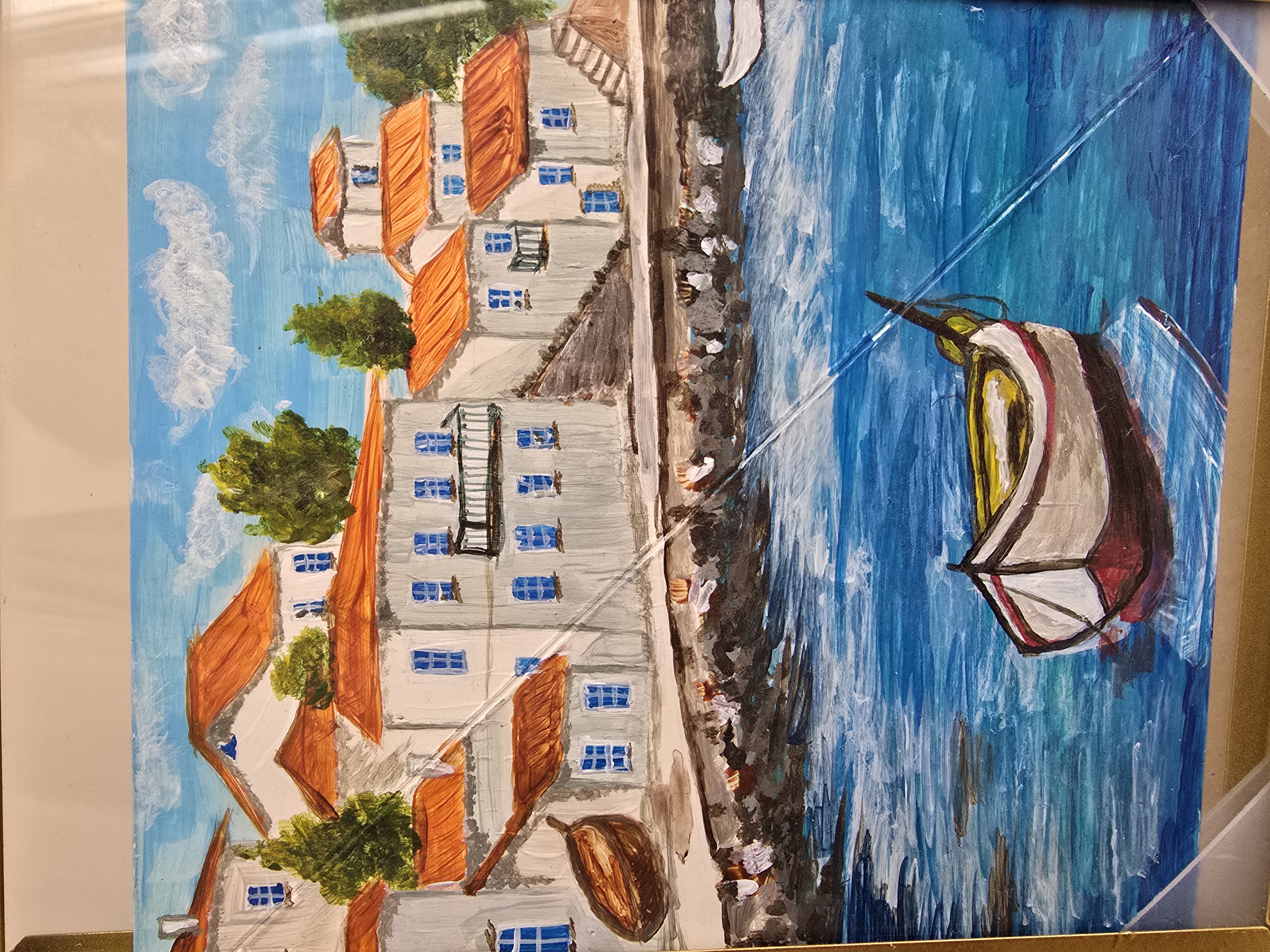 A peaceful scenery near the waterfront by Zeeka Khan, depicting serene waterfront scene with hillside houses