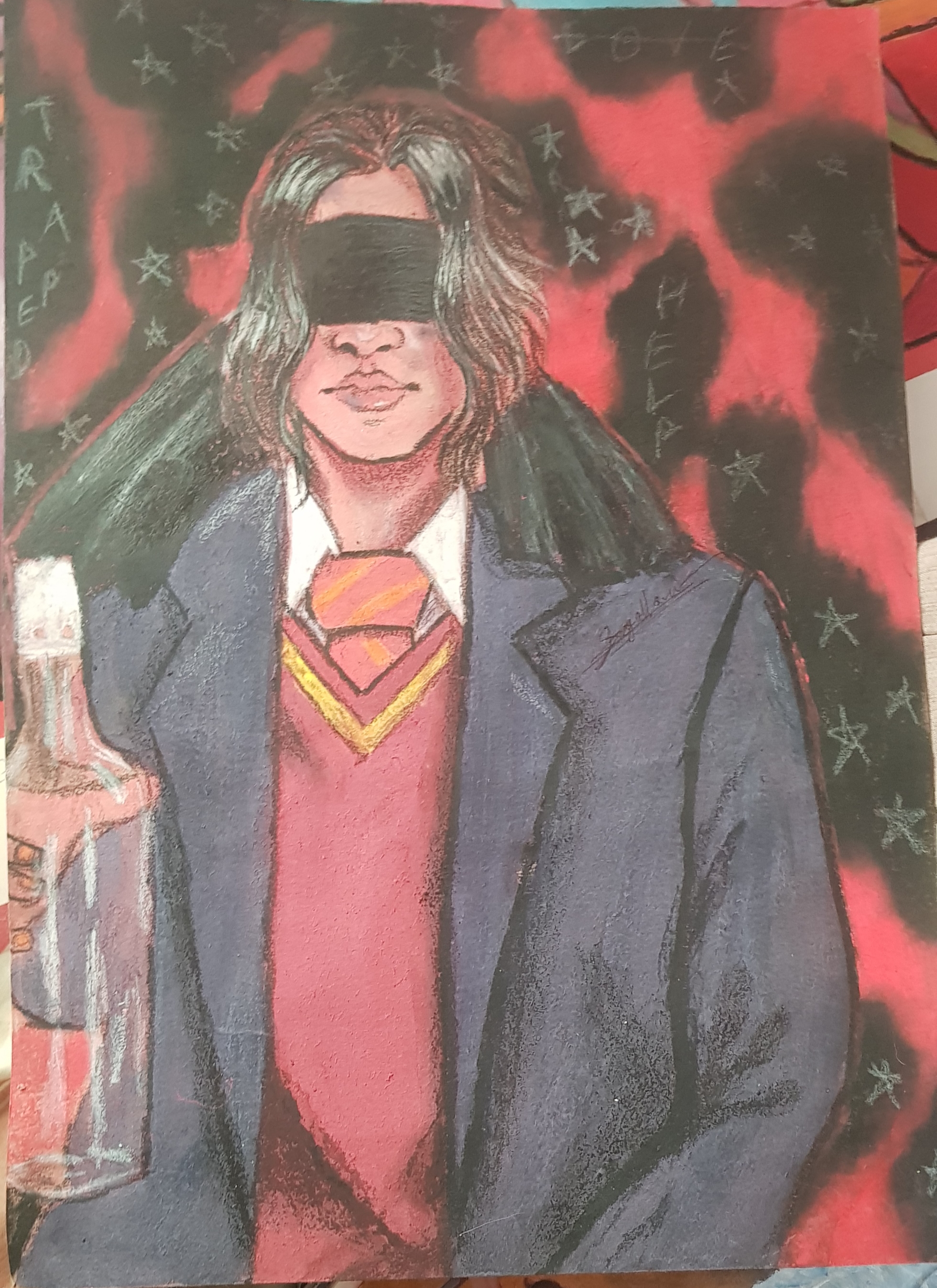 Self hostage by Saarah Gallow, featuring a blindfolded person in a suit jacket with a bottle