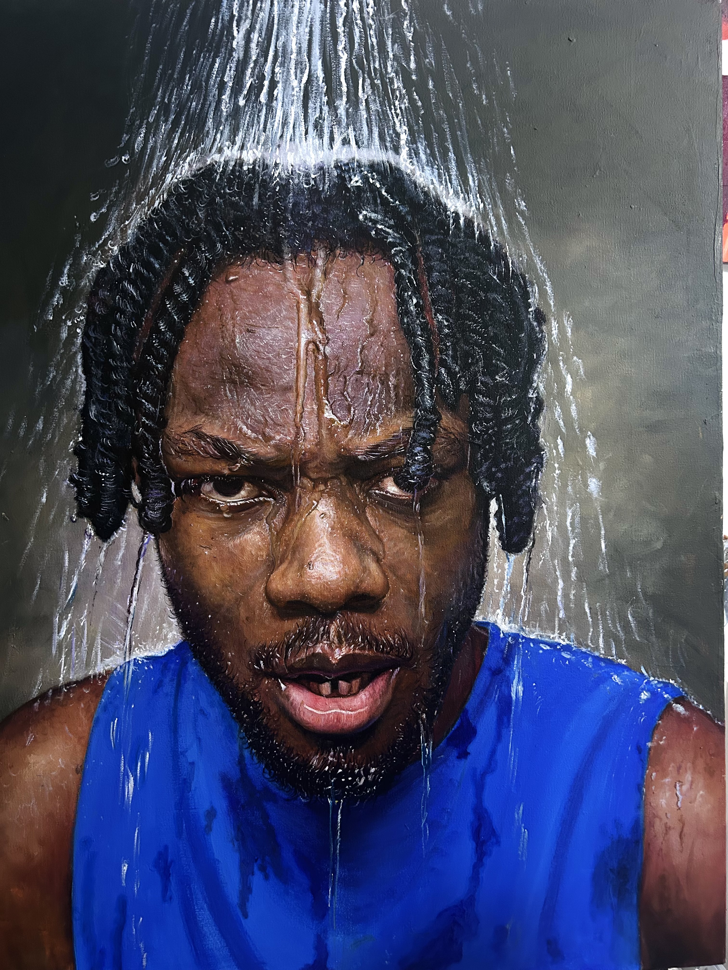 Awakening by Onuoha Columbus, close-up portrait with cascading water