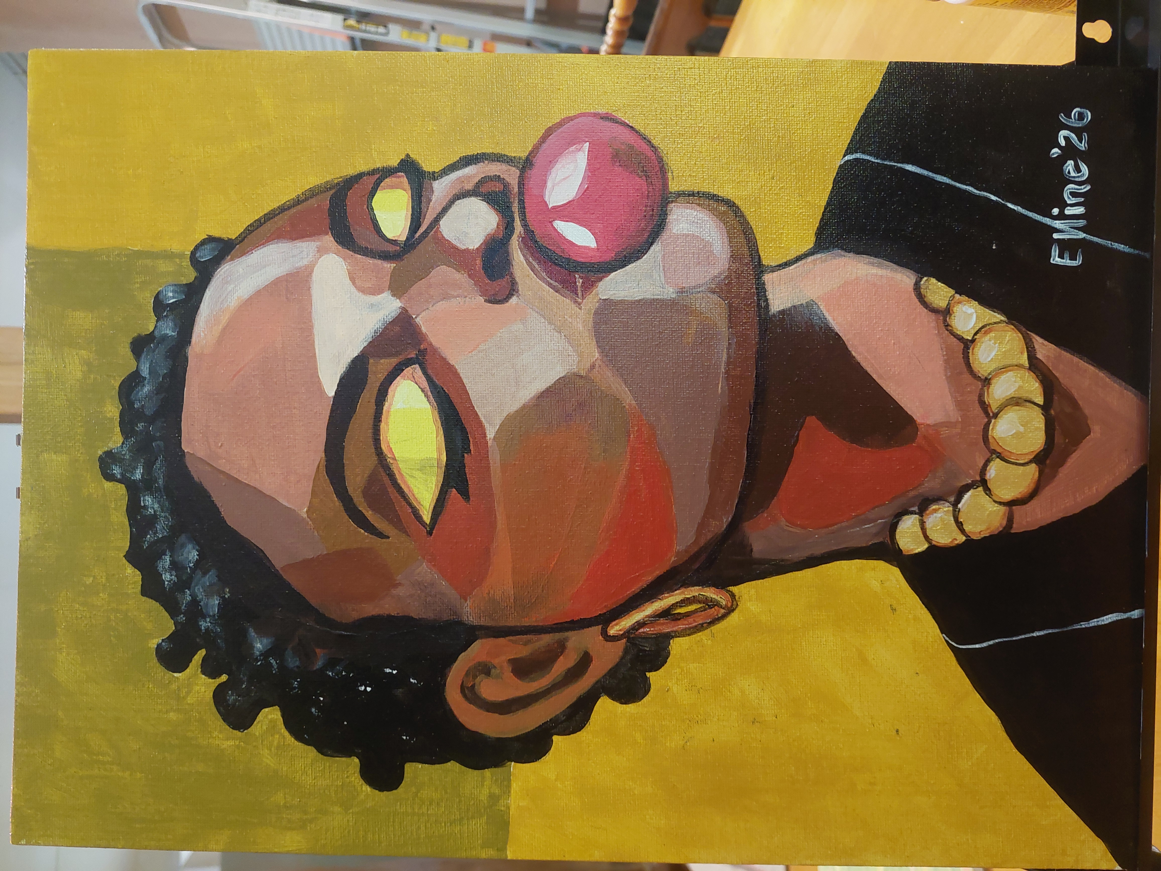 Unbothered by Elline Cockburn, portrait with pink bubble gum and yellow background