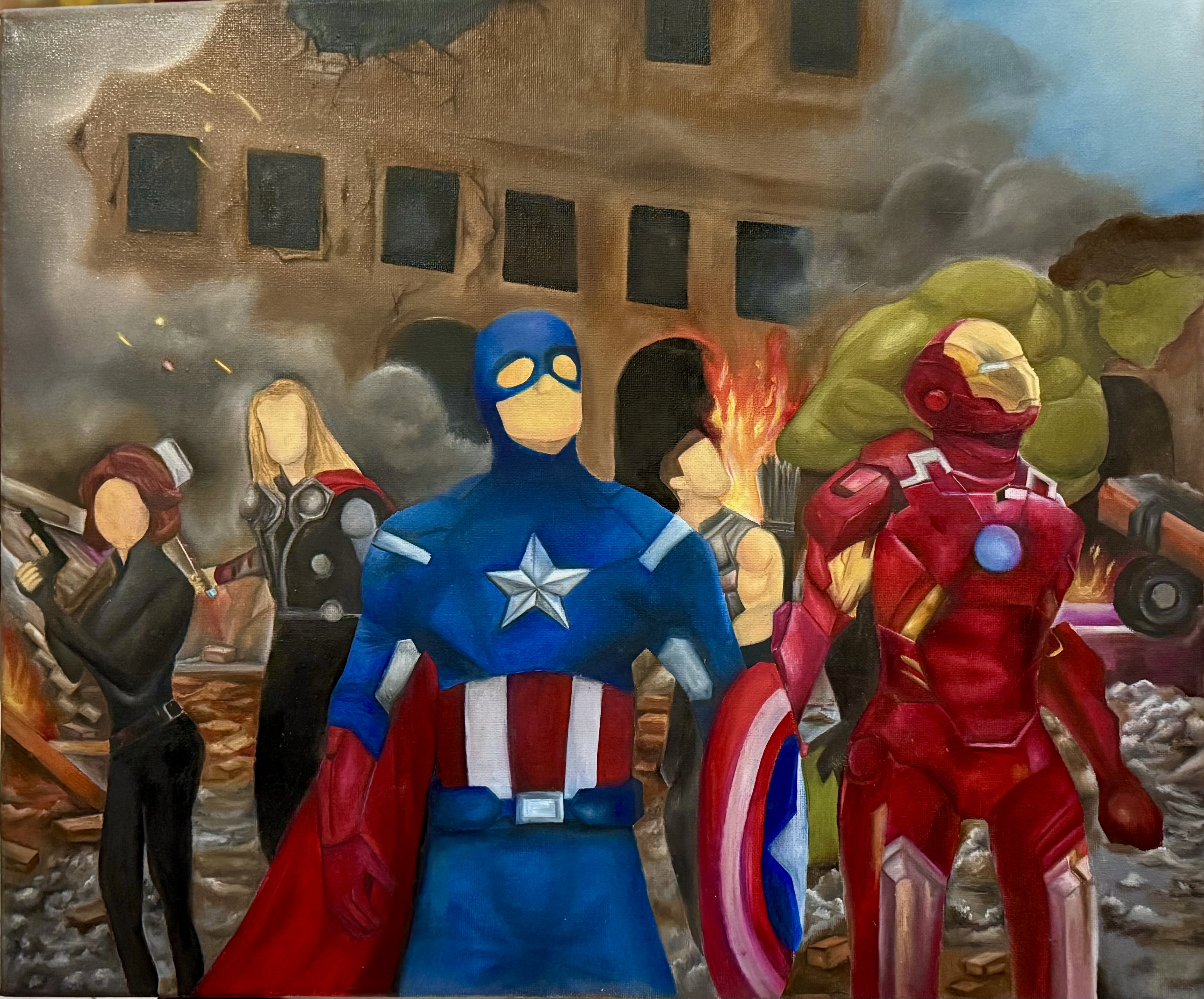 The Avengers by Wong She Wen features iconic figures in a battle-damaged urban scene