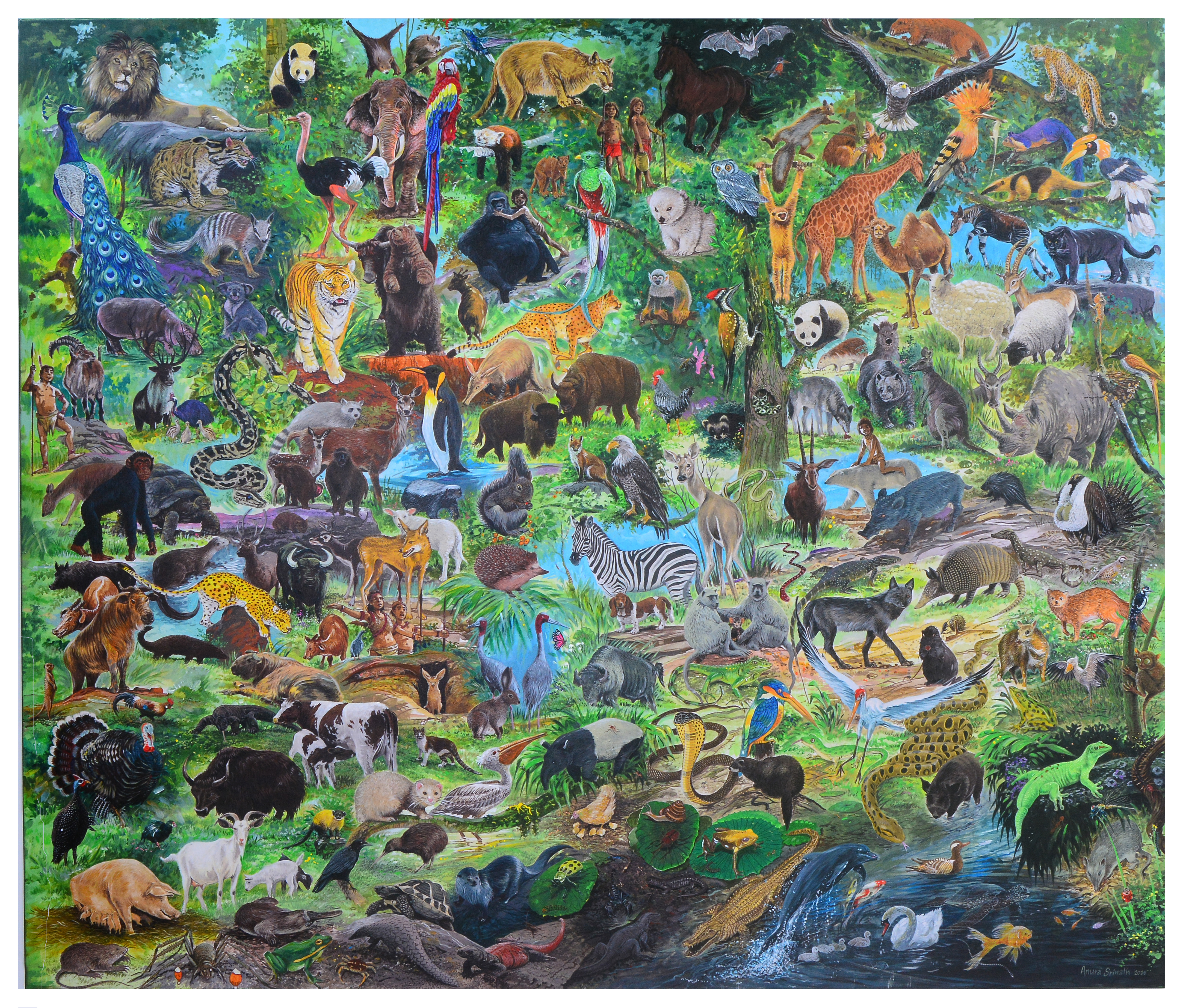 Animal Kingdom by Anura Srinath Malaviarachchi, vibrant acrylic painting of diverse animals
