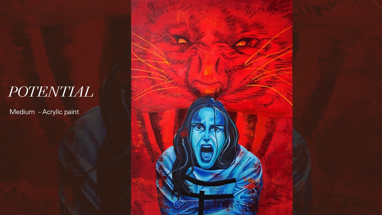 Potential by Alexa Louw, blue figure screaming with red beast-like face