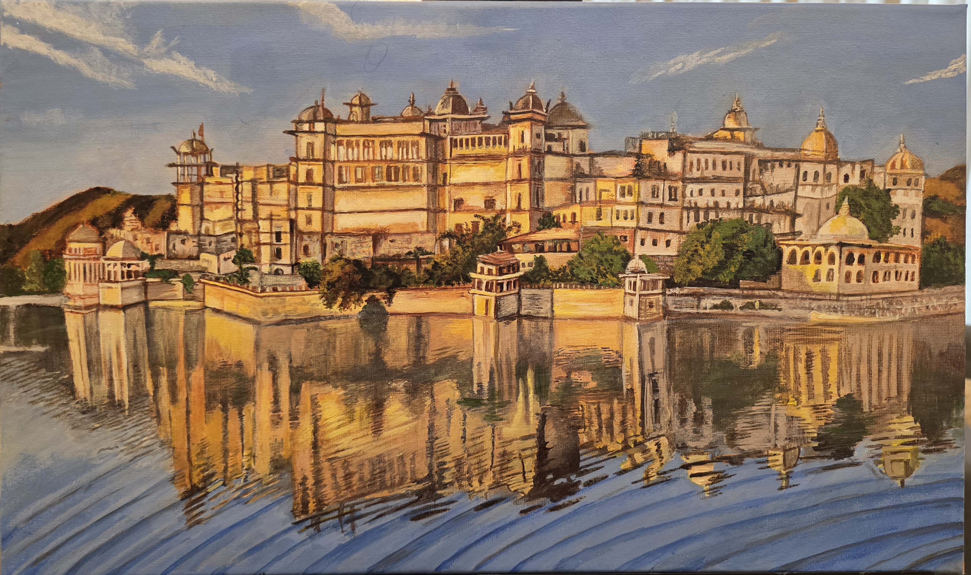 Golden Reflections of Royalty by Priyanka Lachhiramka, Rajasthani architecture mirrored in water