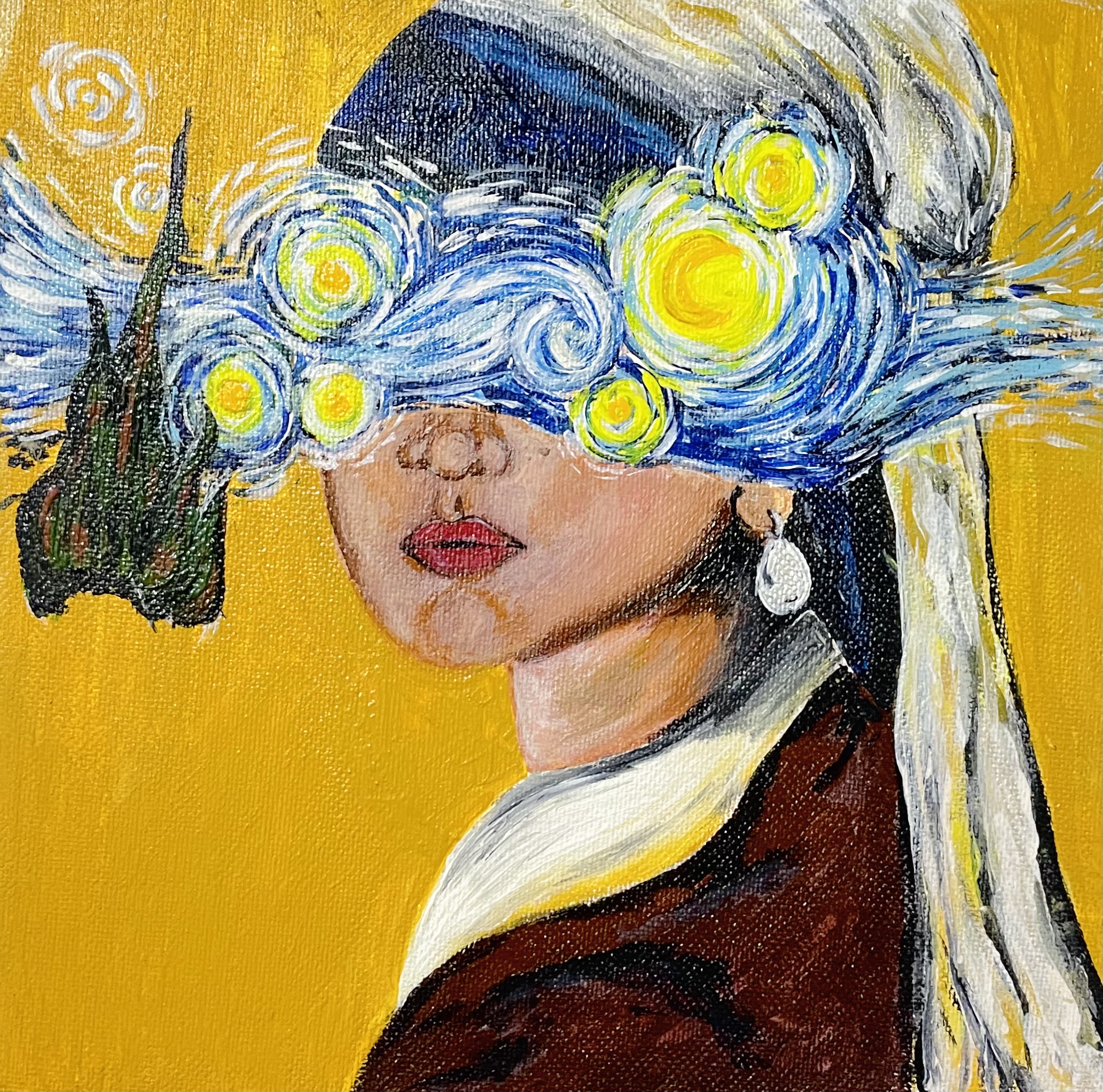 Starry Night x Girl with a Pearl Earring by Piyumi Dimesha, combining elements of Van Gogh and Vermeer