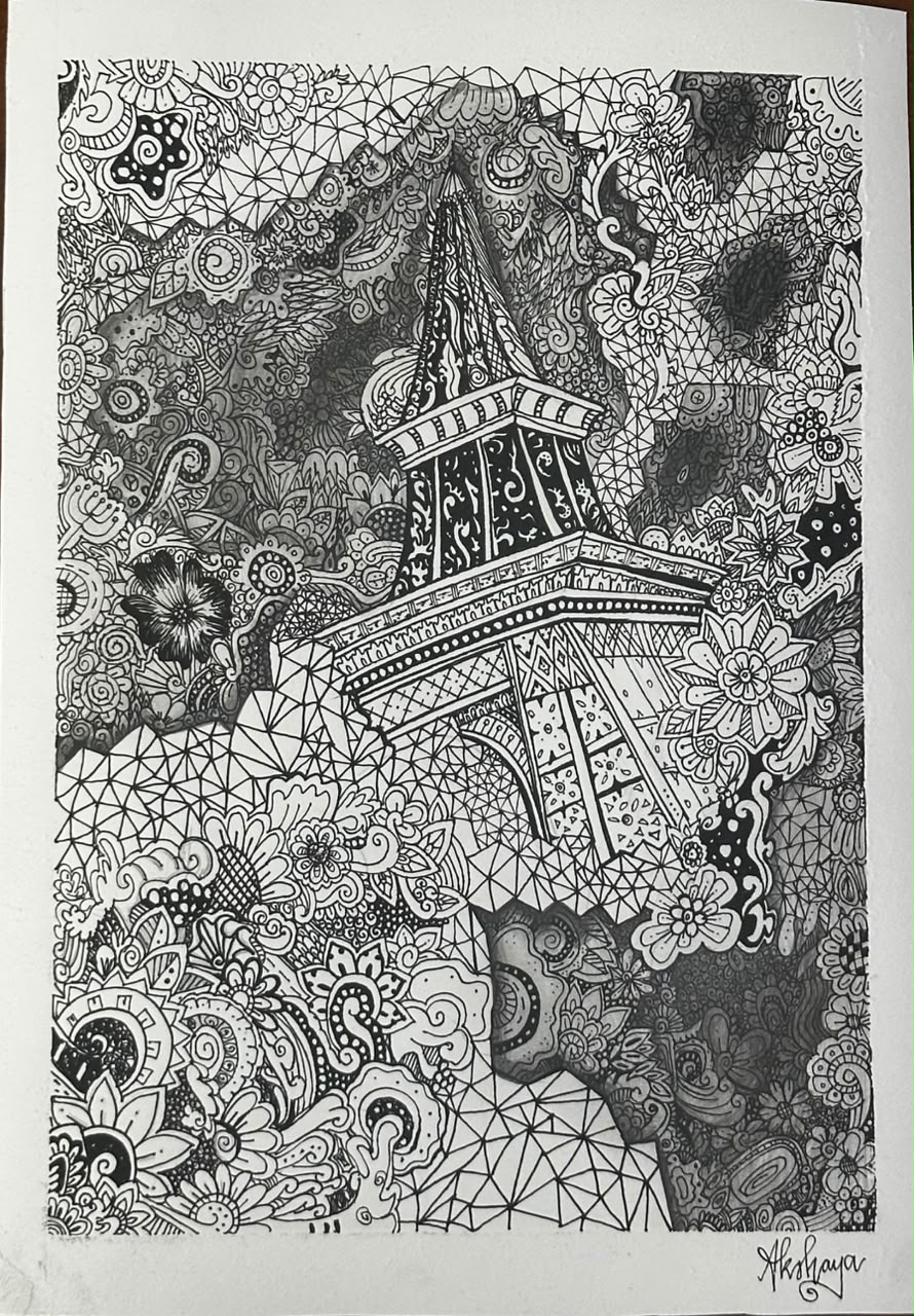 Intricate tangled Eiffel tower by Akshaya Sasikumar, featuring mandala-style doodles around the Eiffel Tower