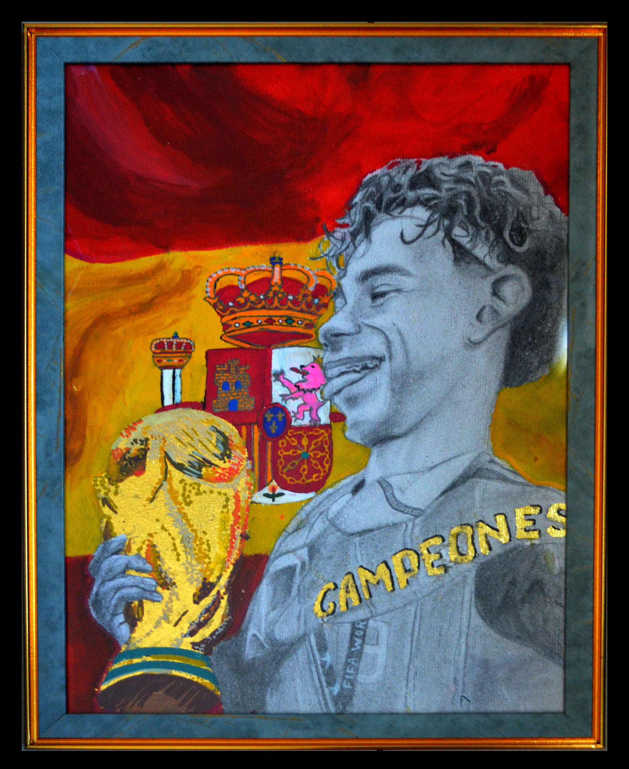 The winner takes it all by Jamie Alex Alvares, a monochrome depiction of a young male holding the FIFA World Cup with a vibrant Spanish flag background