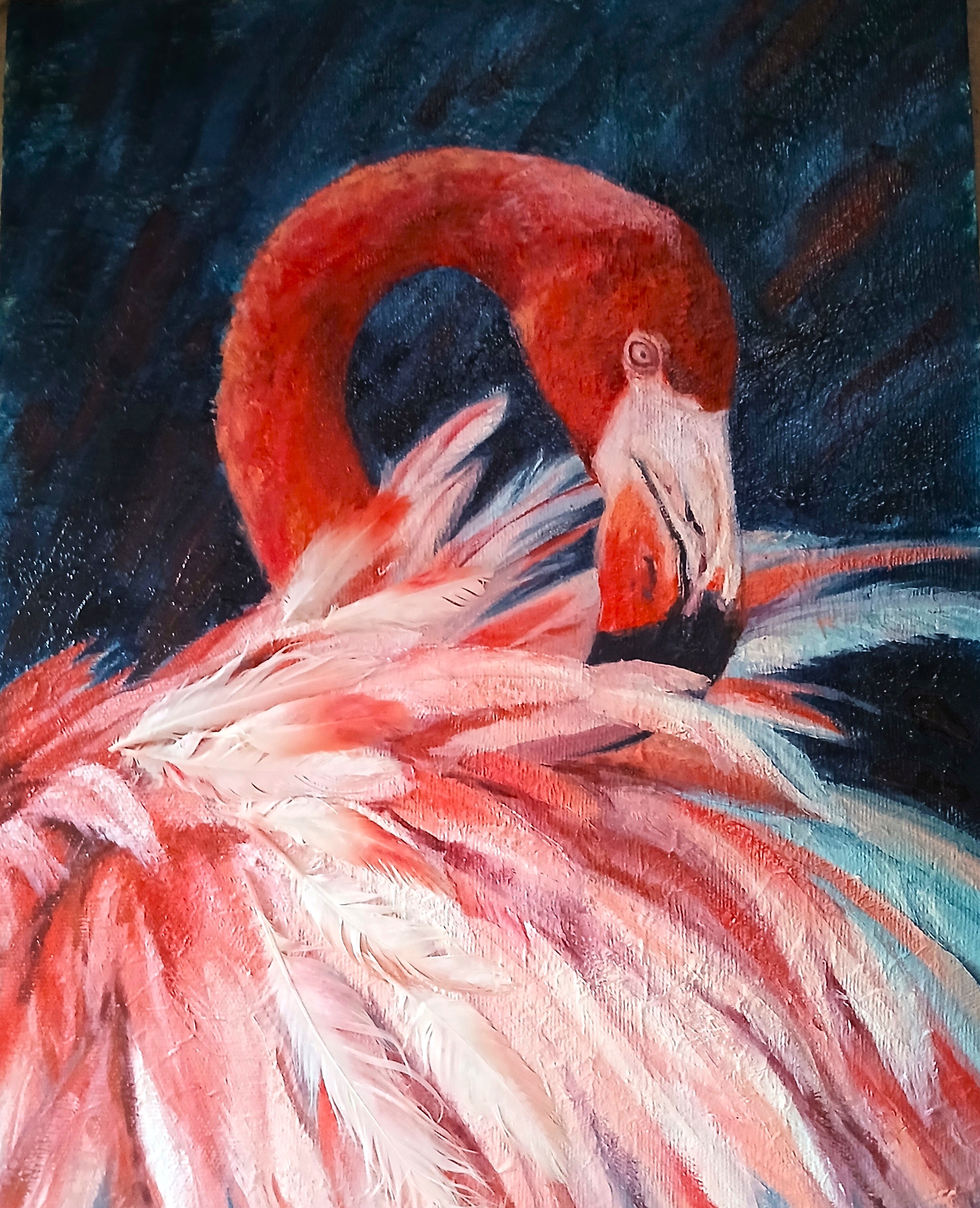 Preening by Yvette Mey, vibrant flamingo with lush feathers