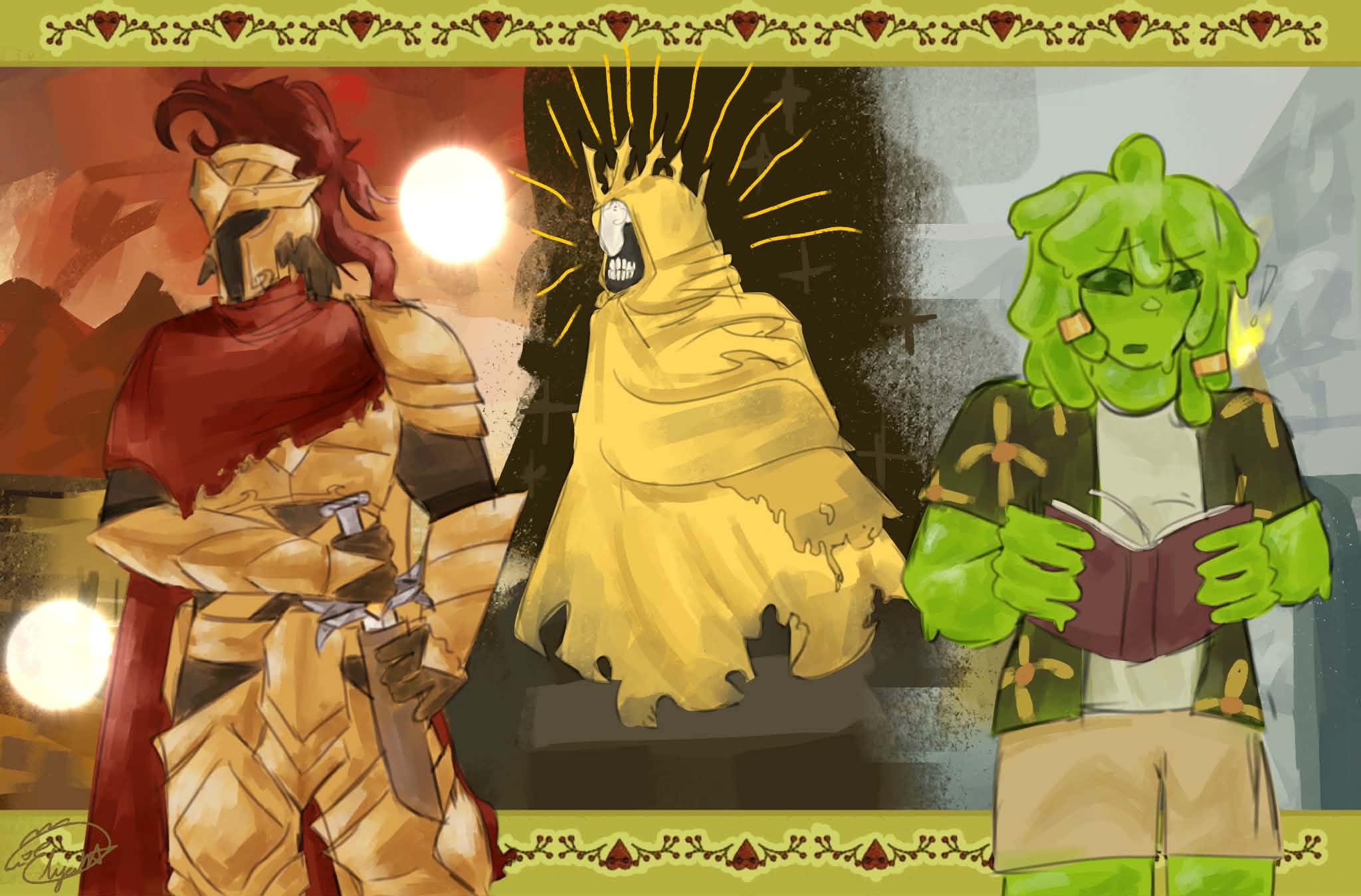 The Knight, The King, and The Fool by Elijah Dennise S. Tirao, featuring a knight in golden armor, a king, and a fool