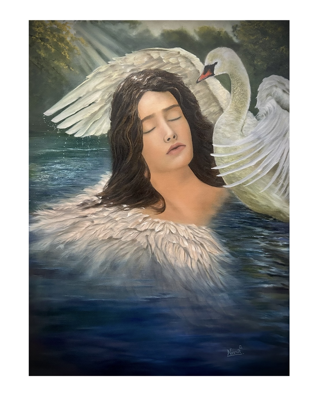 In The Deep, She Was Held by Neetu Vishwakarma, a tranquil woman in water embraced by a swan