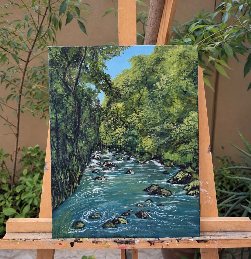 Whispers of the River by Hiba Waleed Barakat, serene river through lush forest