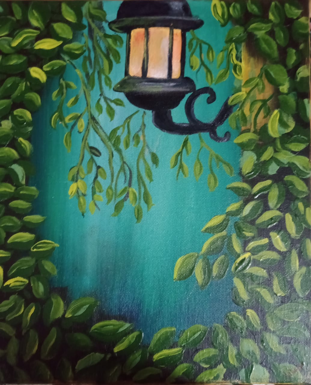 latern in the queit grove by Aahana Bansal, glowing lantern in lush vines