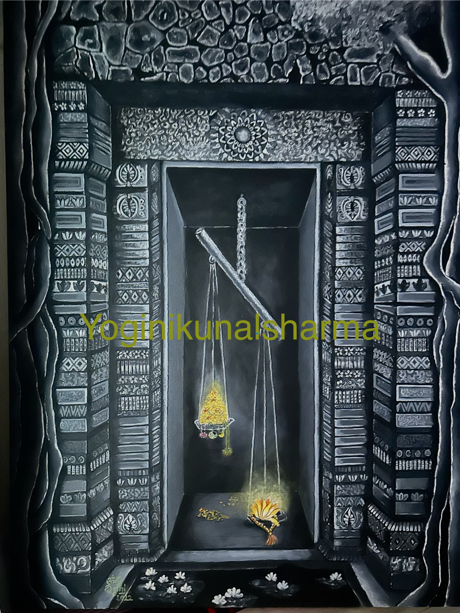 Offering by Yogini Kunal Sharma, monochromatic stone doorway with intricate carvings
