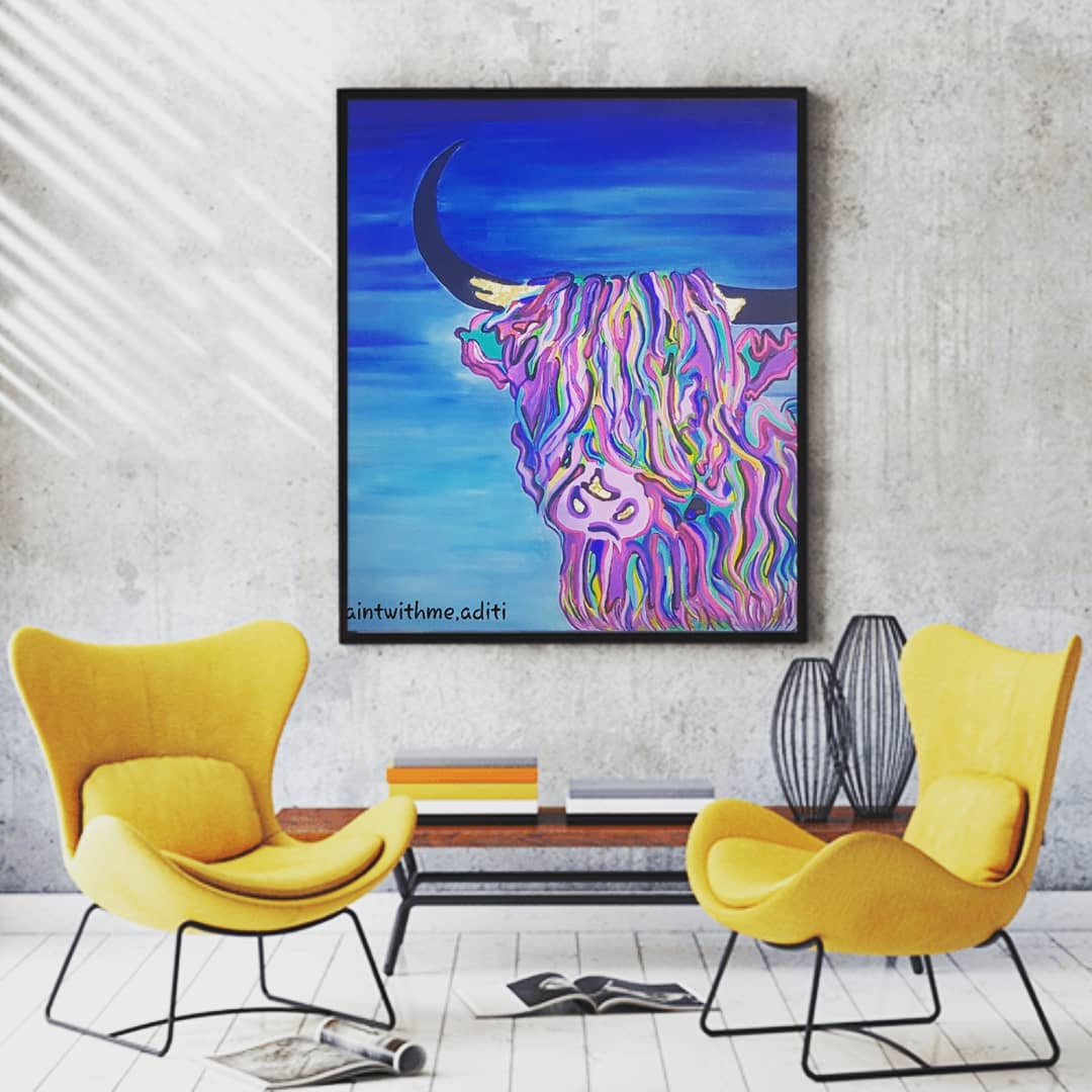 Swiss Bull by Aditi Gupta, colorful bull with long horns
