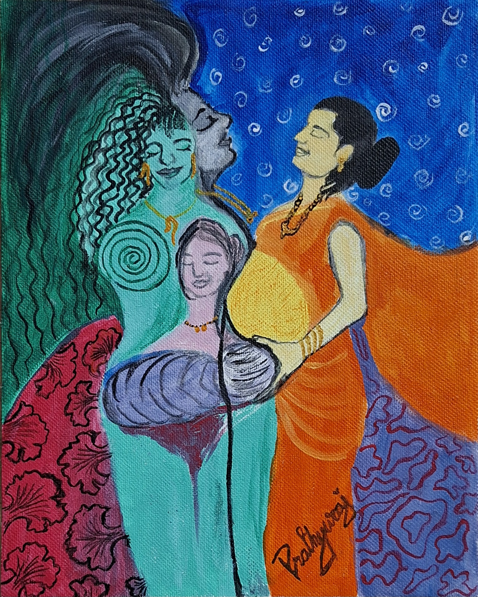 From becoming to becoming by Prathyusha Artgallery, vibrant interconnected female figures