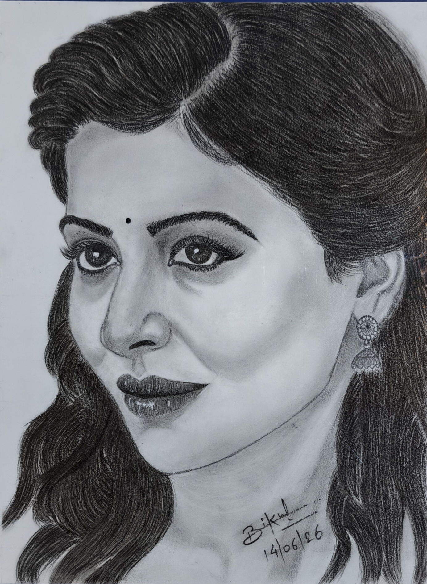 Beauty of Tollywood by bikul kamboj - a detailed portrait of a woman with flowing hair and a bindi