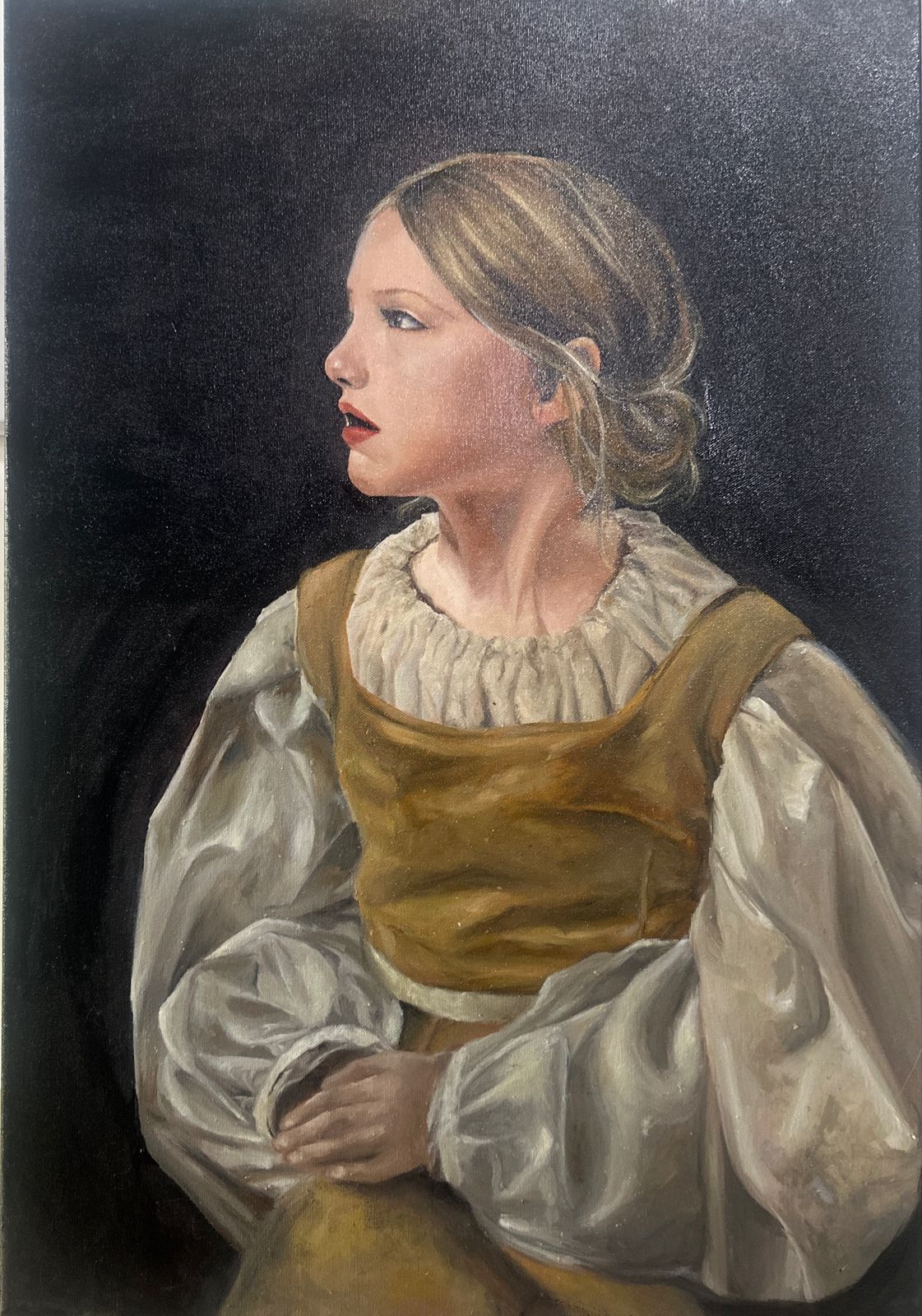 Portrait - Oil Painting by Sujithapriya Shenthilkumar, showing a young girl in traditional attire