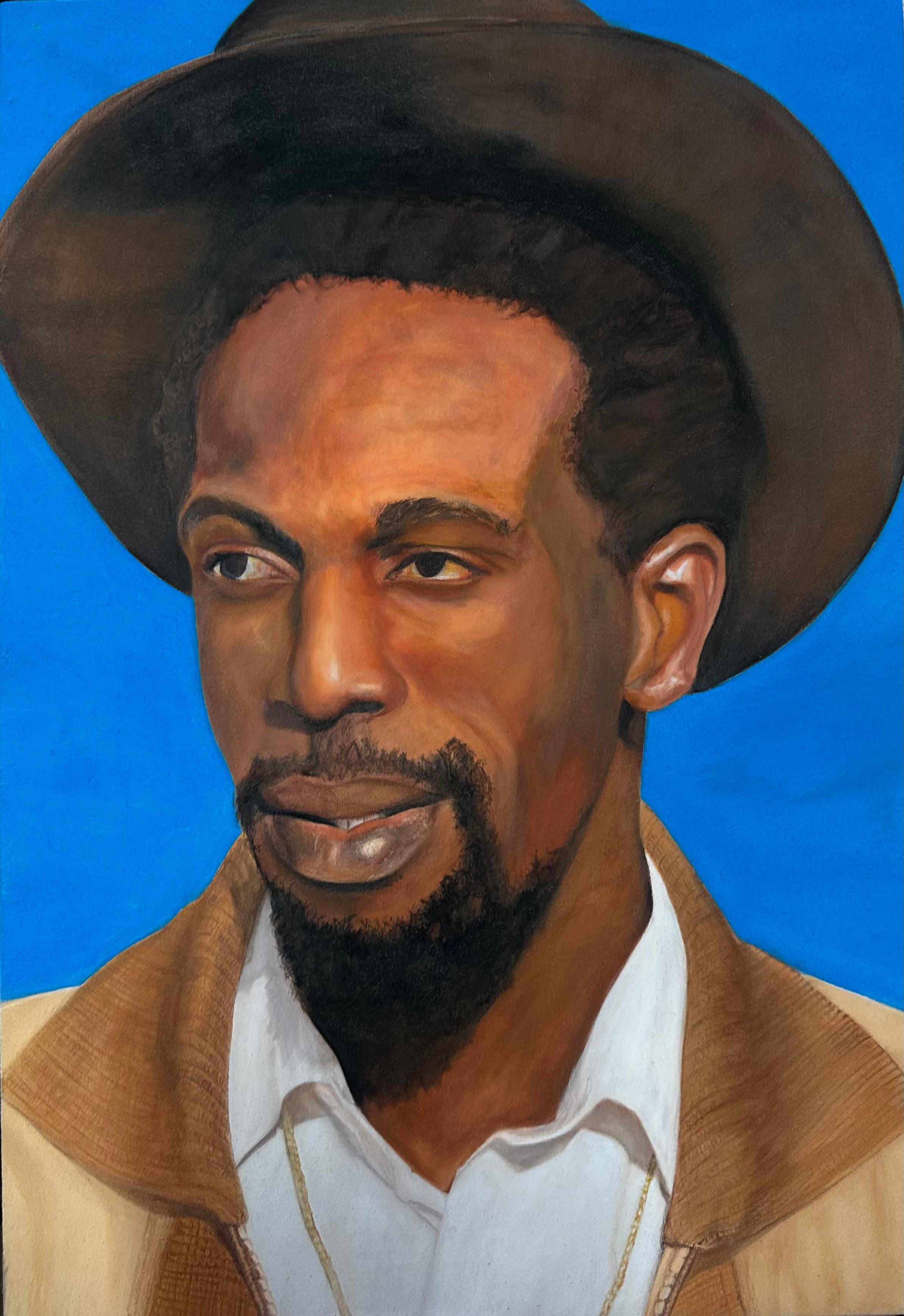 Cool Ruler by Cammare Carnegie, male figure in vibrant blue background with large-brimmed hat