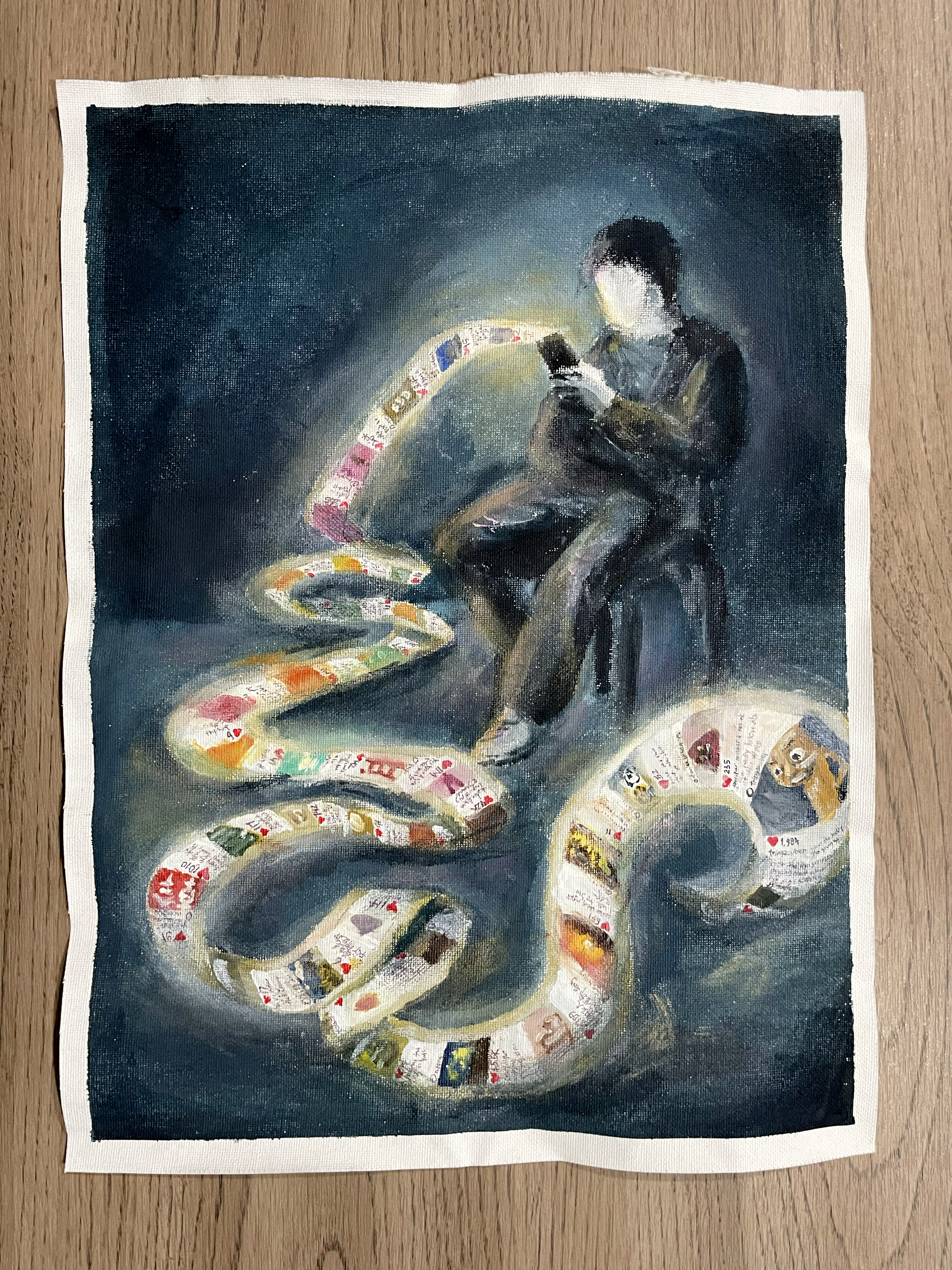 Scroooling by Chen Xuan Hao Canden, depiction of figure with smartphone, muted browns and greys