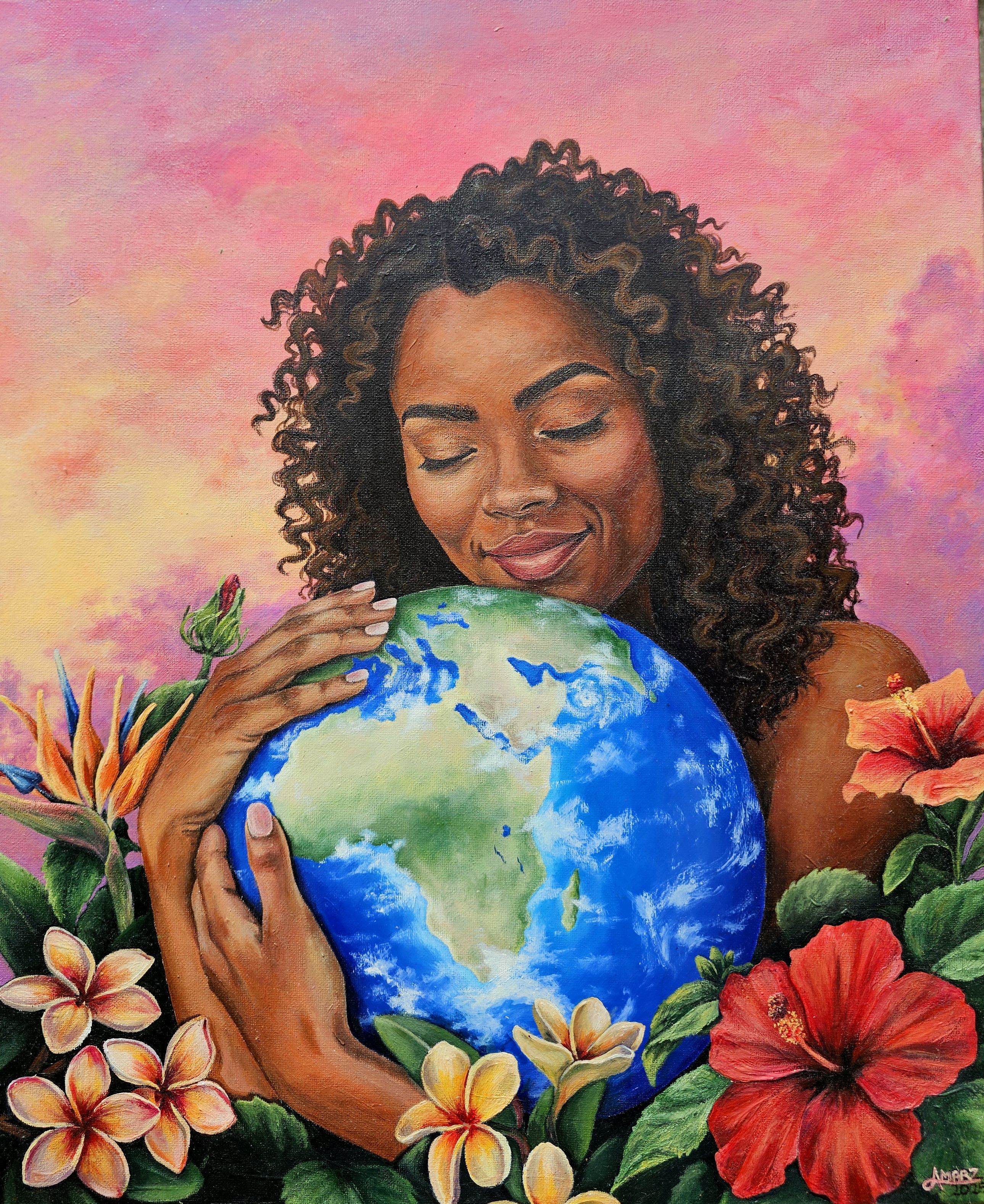 Mother Earth by Angela Marzocchi, woman embracing a globe with vibrant sky