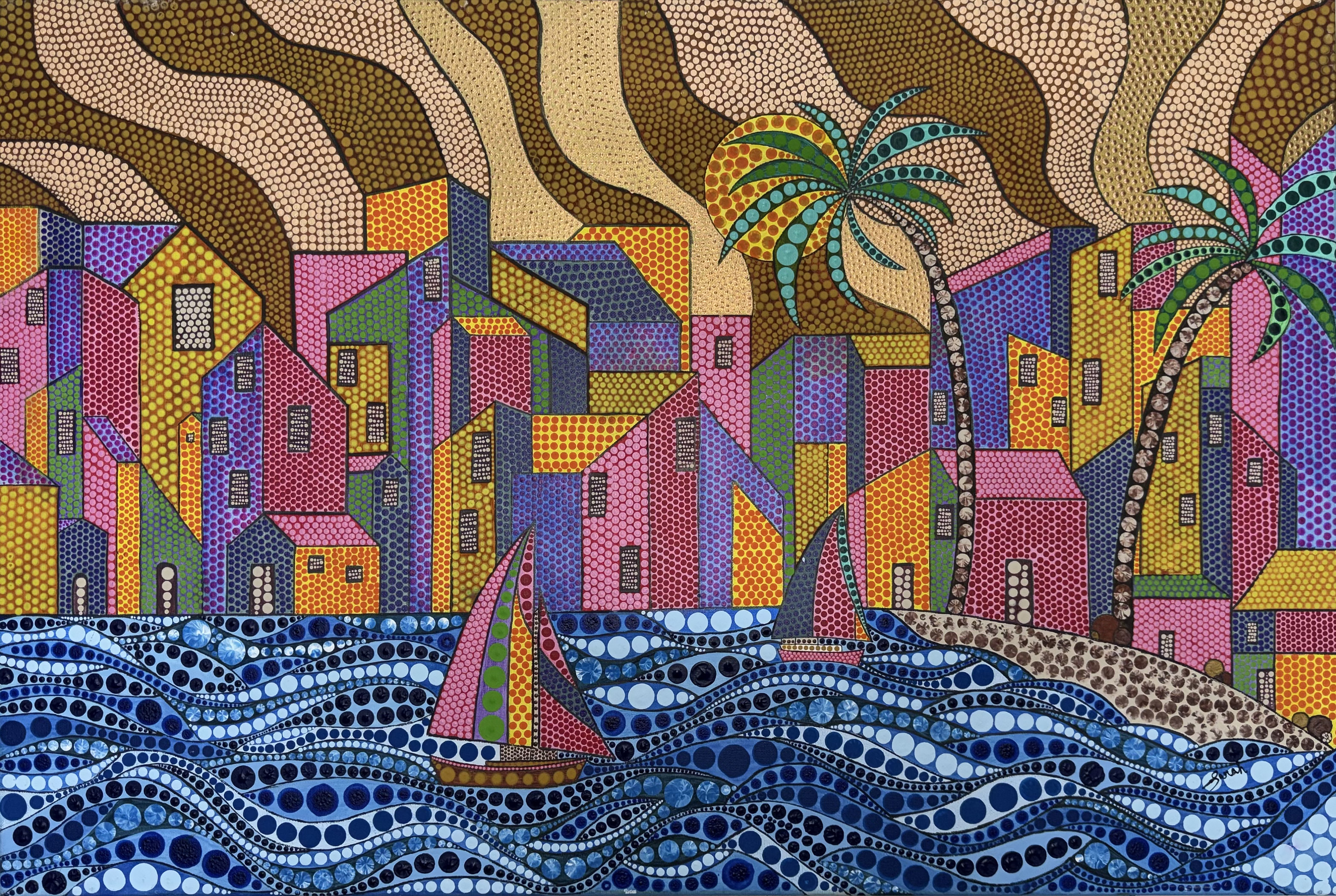 Harbor Of Colors by Sarah Parvez Ahmed Peshimam - vibrant coastal scene with colorful buildings