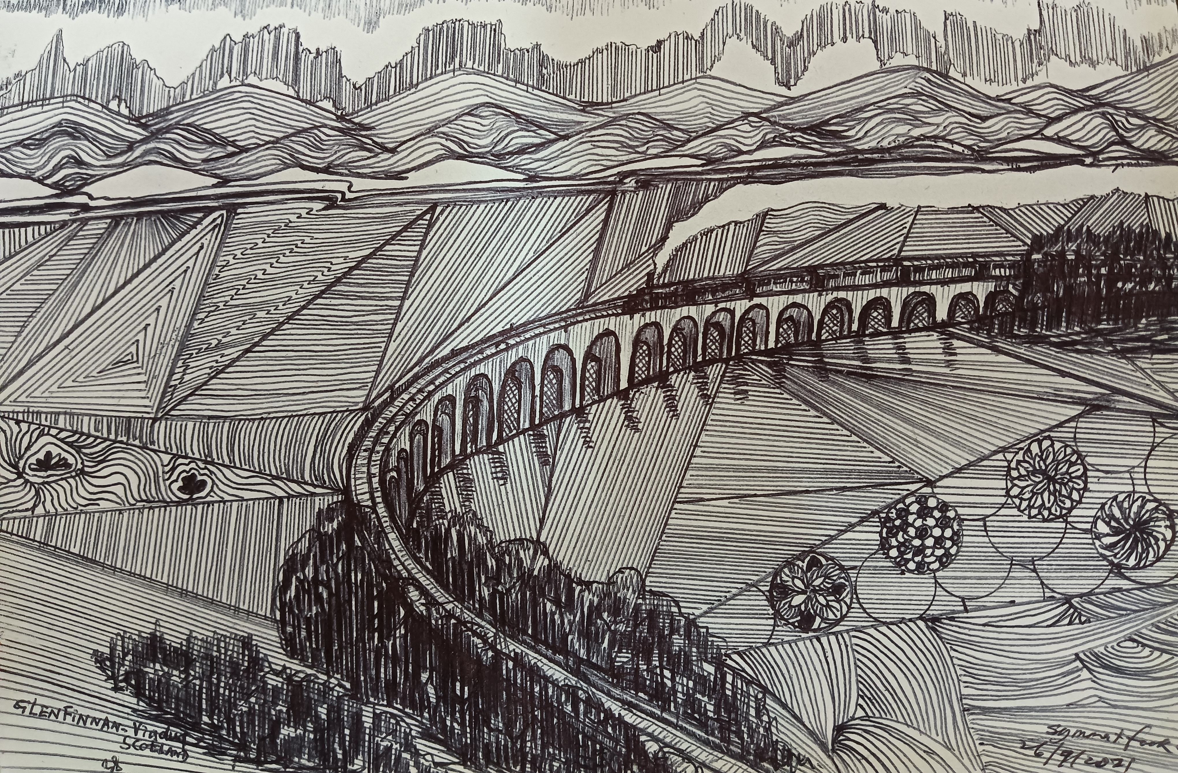 Imagination- An amazing dimension. by Sim Ming Fook, monochrome ink drawing of a railway bridge and mountains
