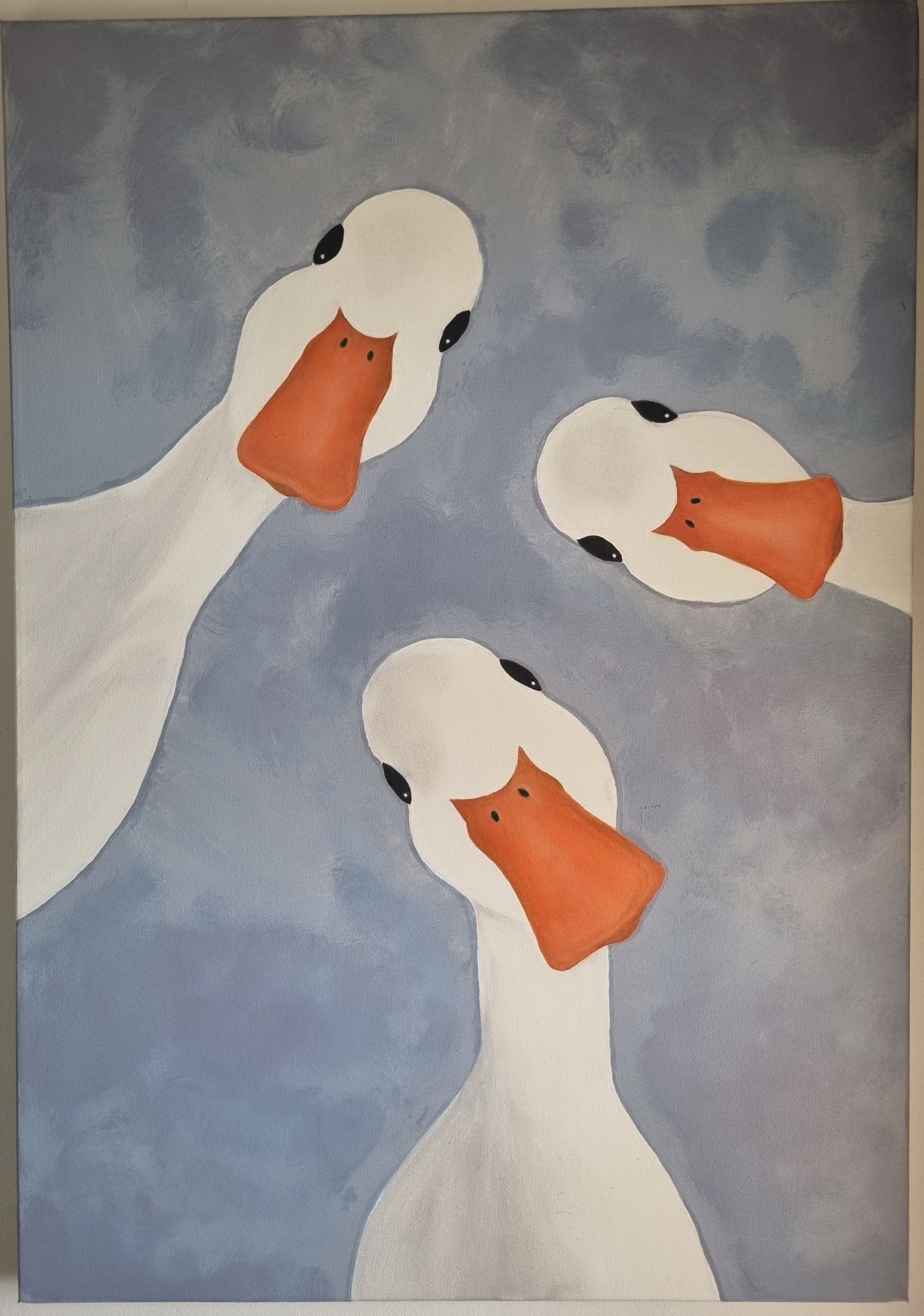Farm Buddies by Magdelene Muthusamy, depicting three geese from a low angle