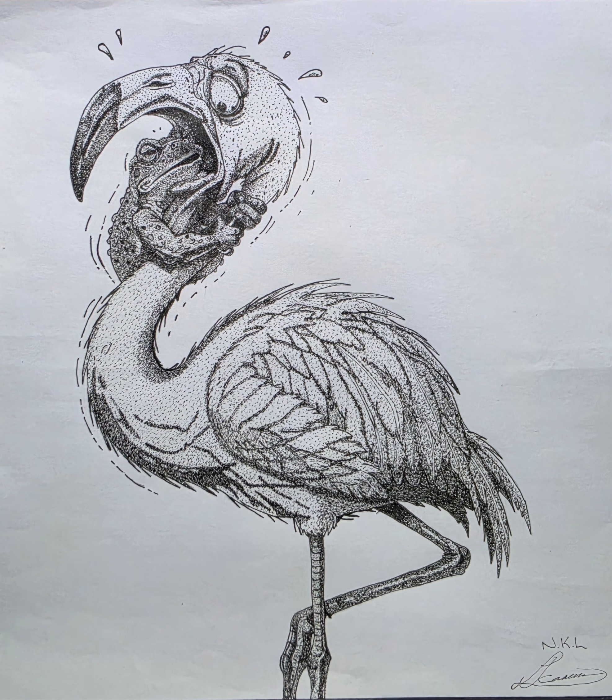 Never Give Up by Nicole Kim Larsen, flamingo in a struggle with a frog