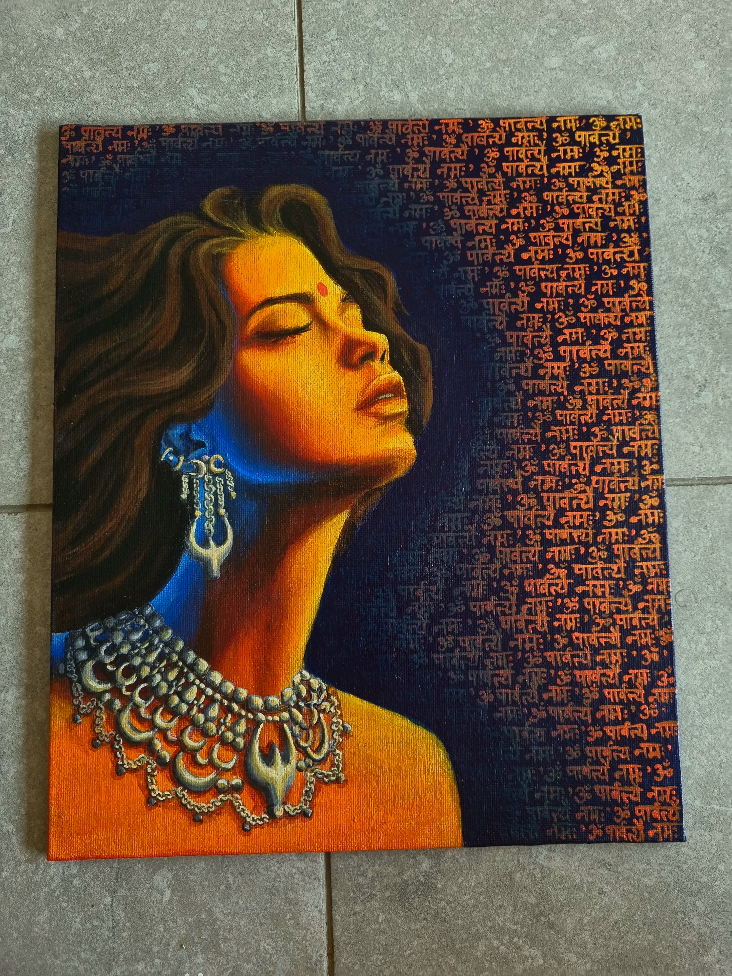 Whispers of parvati by Nimisha Dhakaan, vibrant meditative female figure