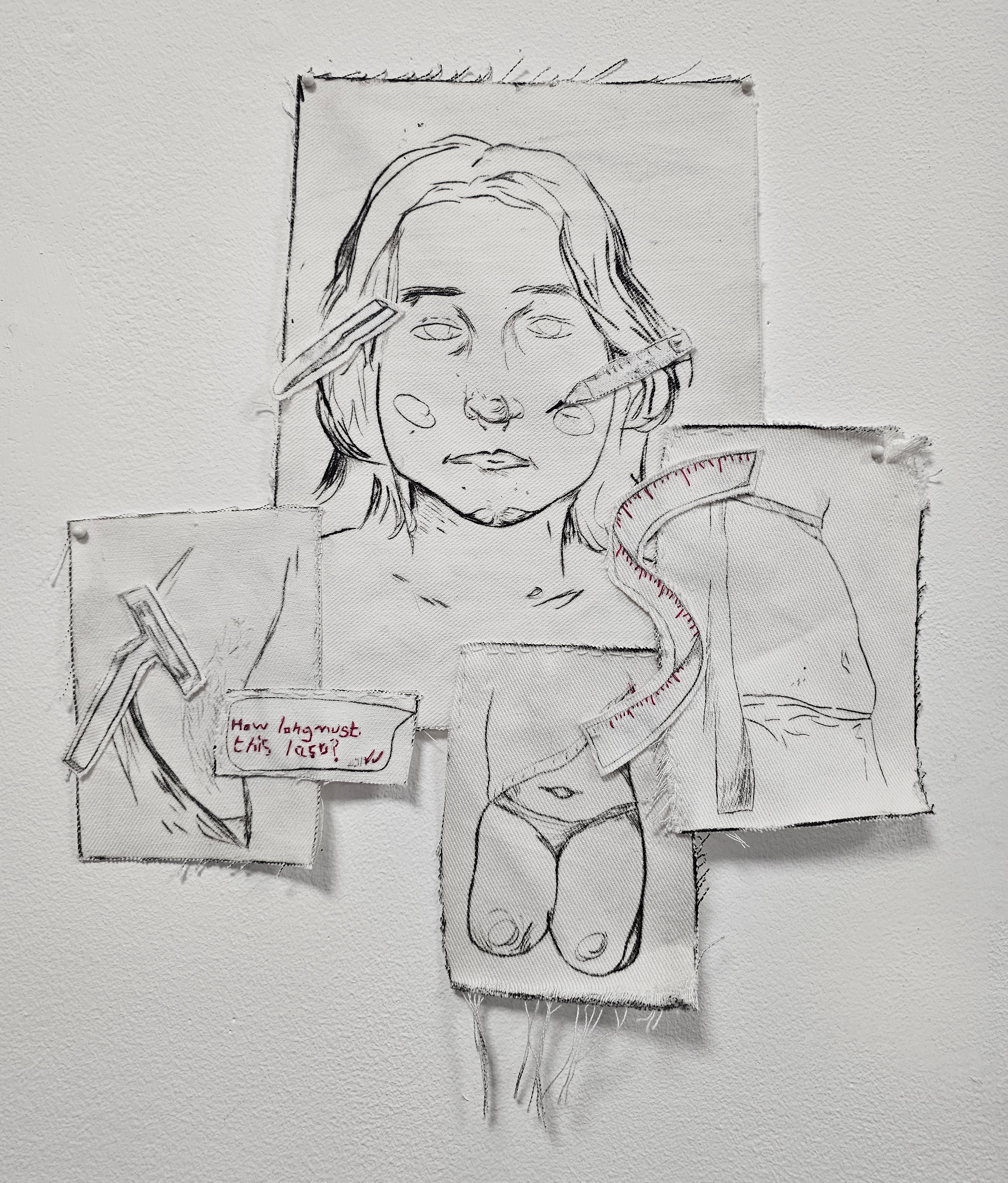 How Long? by Wil Unser, fabric panels with portrait and objects