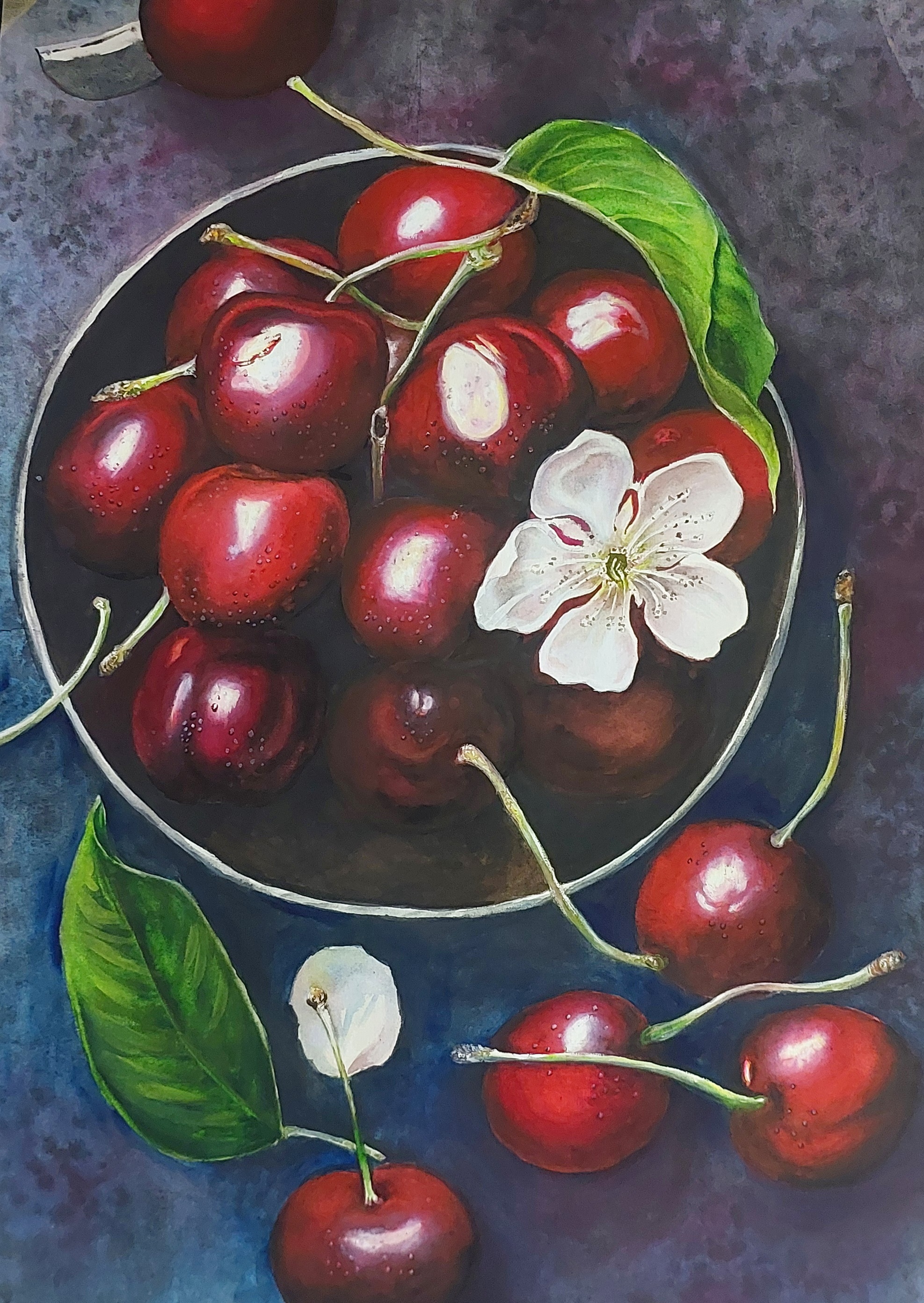 Still life with cherries by Cheong Mei Quin, featuring a bowl of glossy, deep red cherries