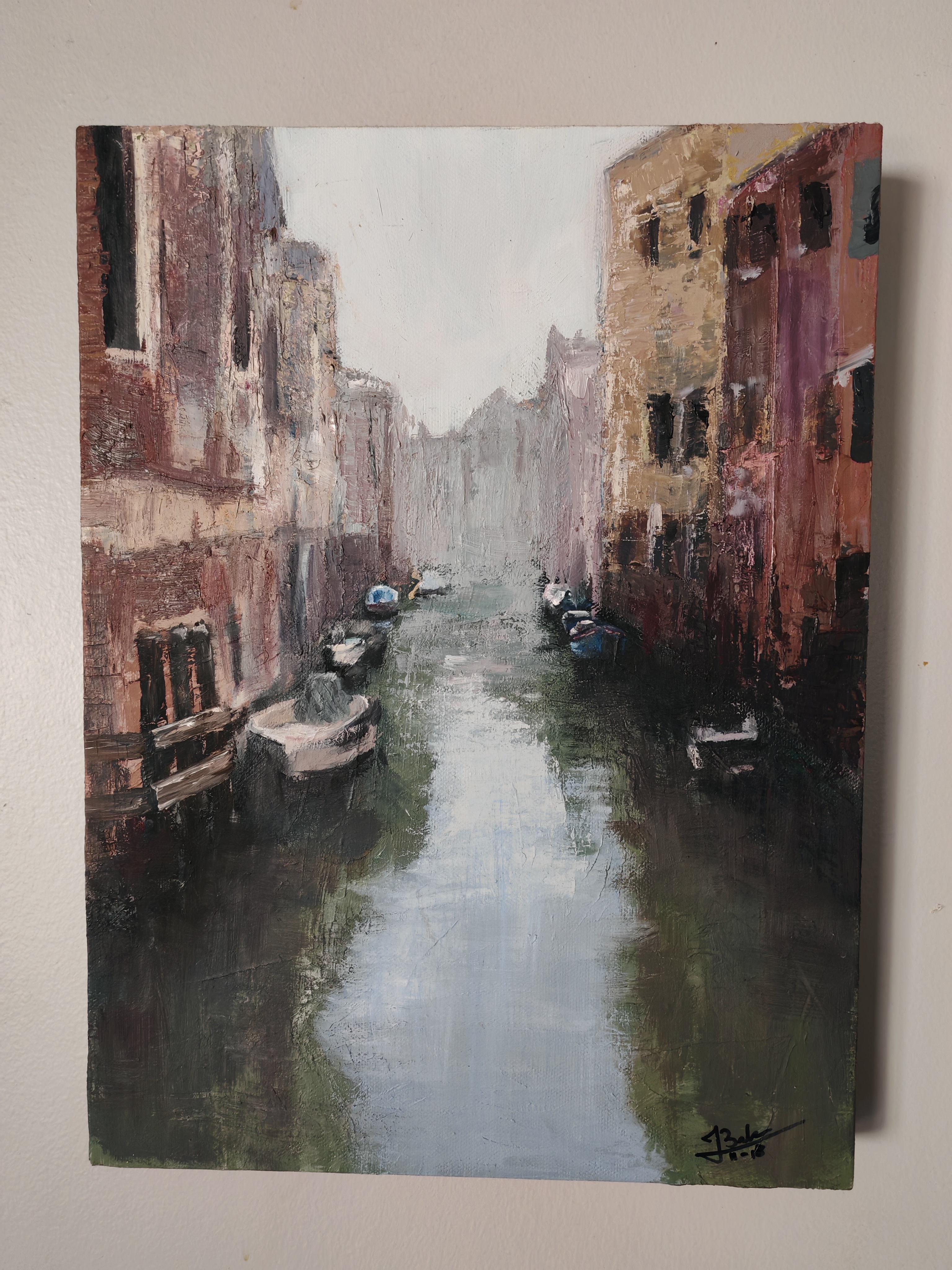 Venetian sombre by Jonathan Clive Baker, narrow waterway with buildings