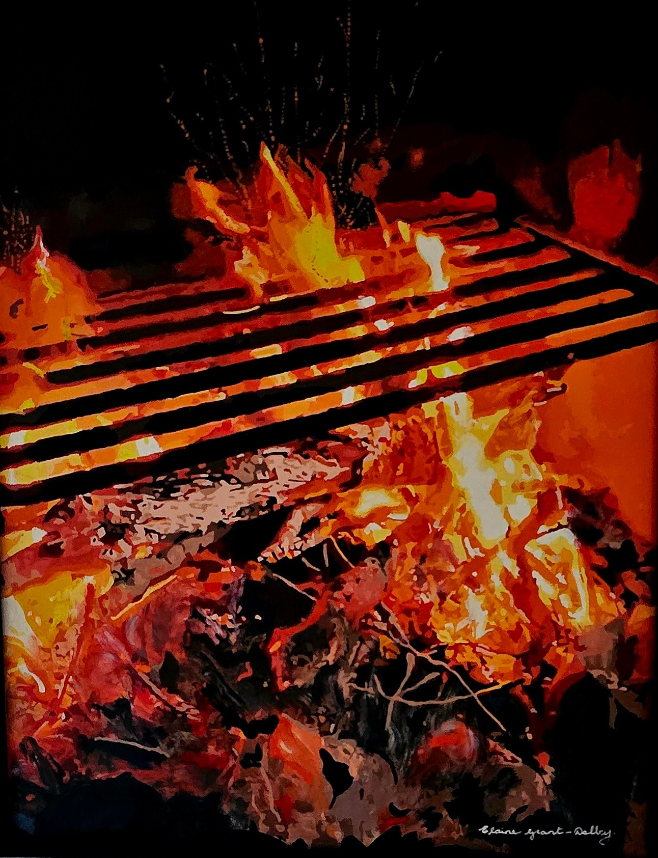 Fire in the Grate by Elaine Grant-Dolby, vibrant flames in warm hues